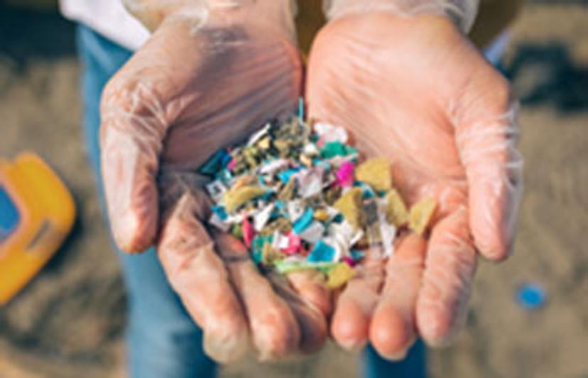 Hands holding small plastic fragments on the beach