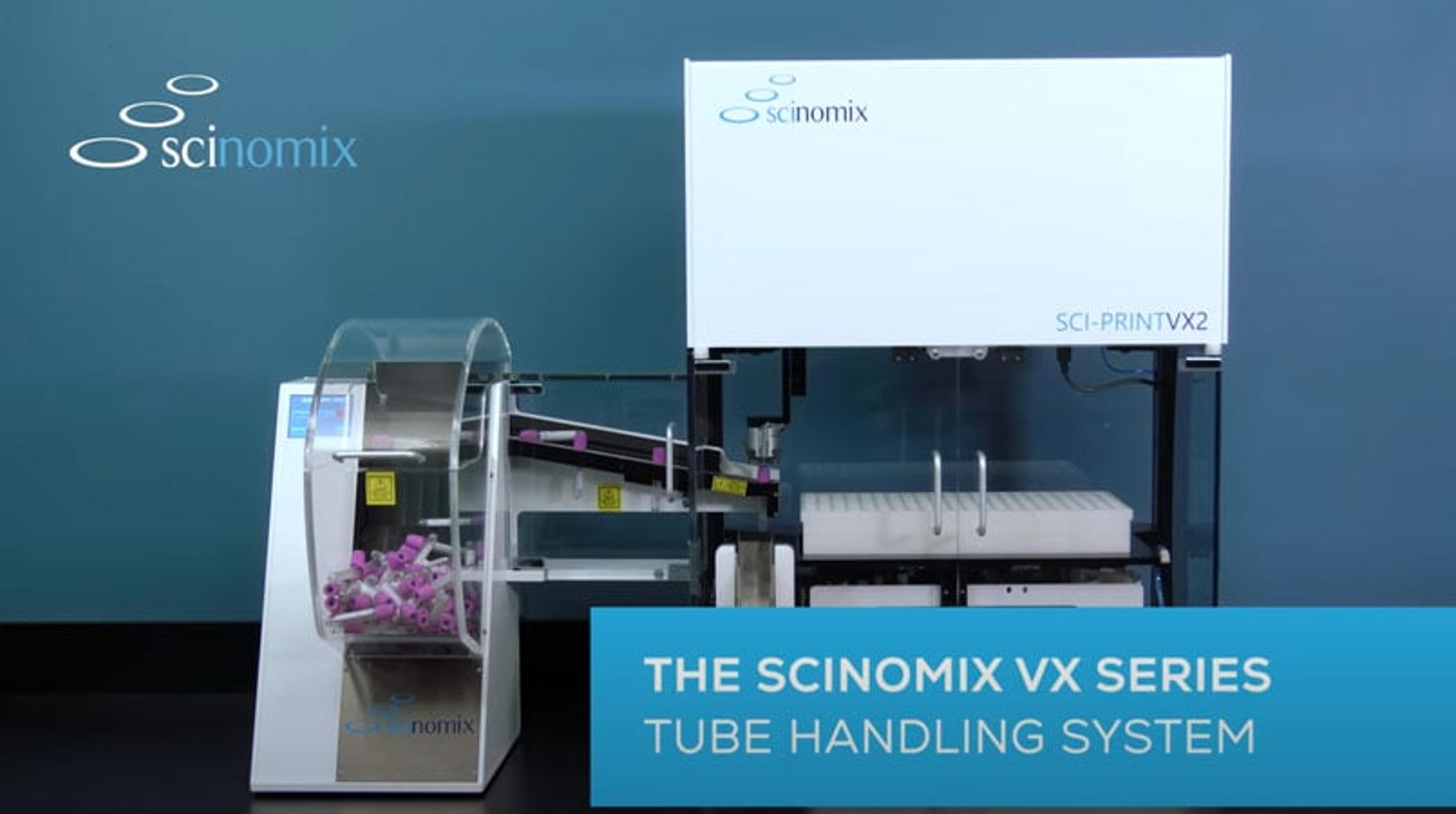 Sci-Print VX2 tube handling system with Scinomix VXQ bulk tube feeder featuring vacutainers Sci-Print VX2 tube handling system with Scinomix VXQ bulk tube feeder featuring vacutainers