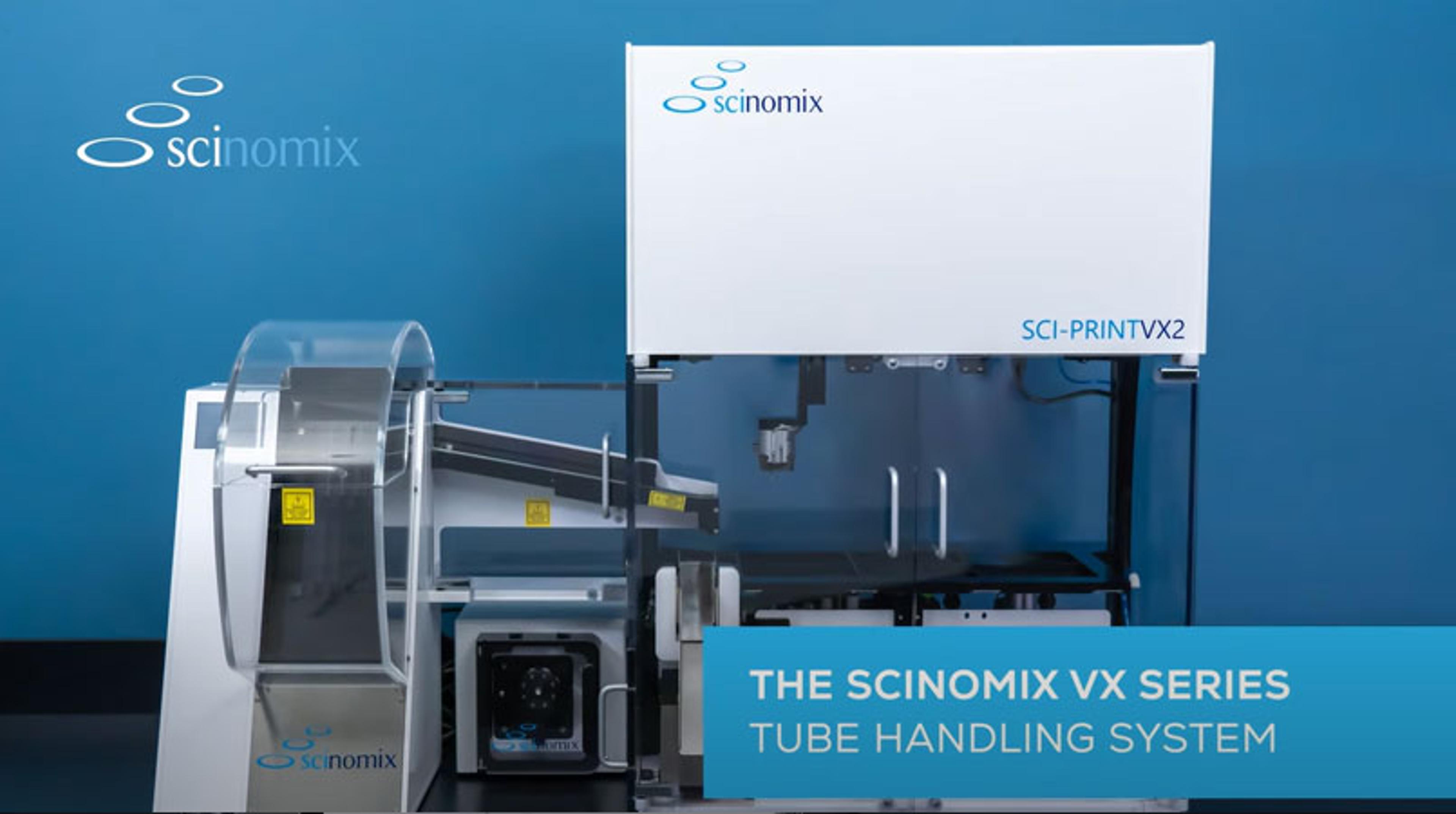 The Sci-Print VX Series tube handling system with Scinomix VXQ bulk tube feeder and Sci-Pump The Sci-Print VX Series tube handling system with Scinomix VXQ bulk tube feeder and Sci-Pump