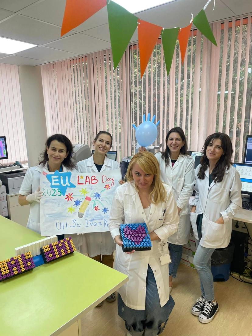 The team in the Clinical Laboratory at University Hospital "St. Ivan Rilski", Sofia, Bulgaria, celebrating EU Lab Day.