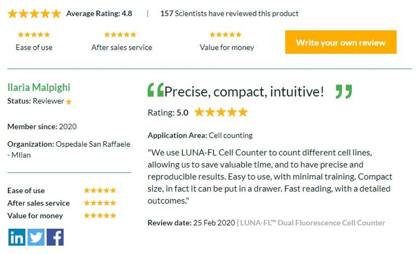 Review for the LUNA-FL™ Dual Fluorescence Cell Counter from Ilaria Malpighi, Ph.D., of San Raffaele Hospital