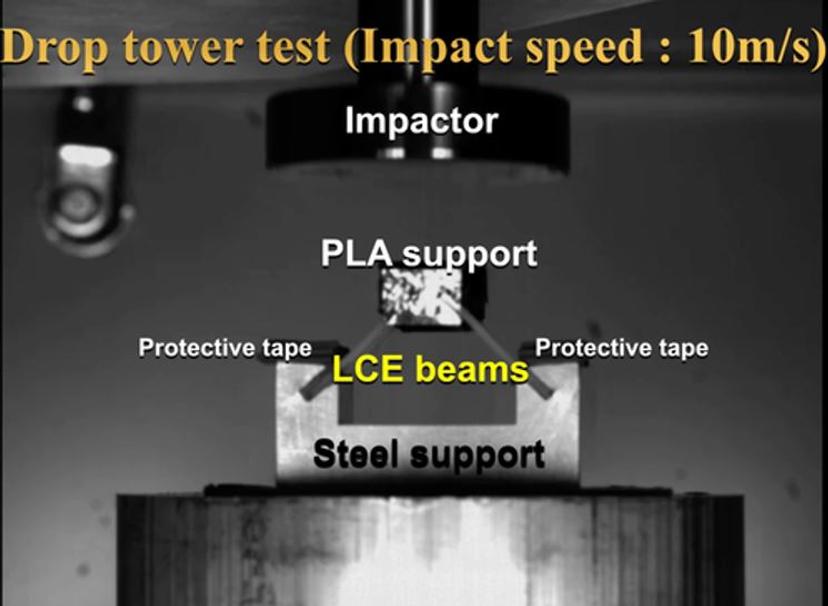 Liquid crystal elastomer structure tested in drop tester machine.