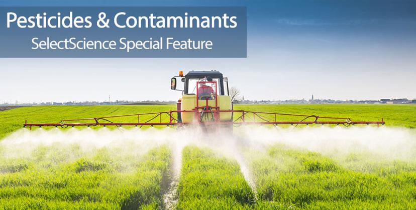 Pesticides and contaminants SelectScience special feature image banner, showing a farmer in a tractor spreading pesticides on a green field