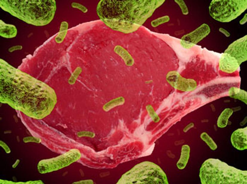 conceptual image of red beef steak contaminated with green bacterial microbes