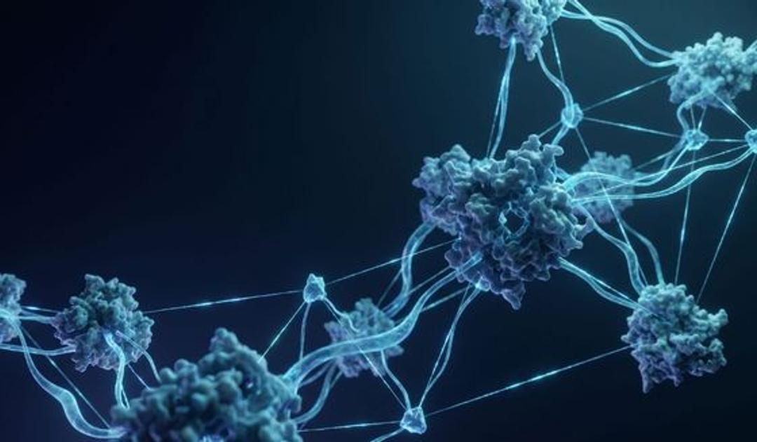 Abstract illustration of brain cell connections and protein clusters