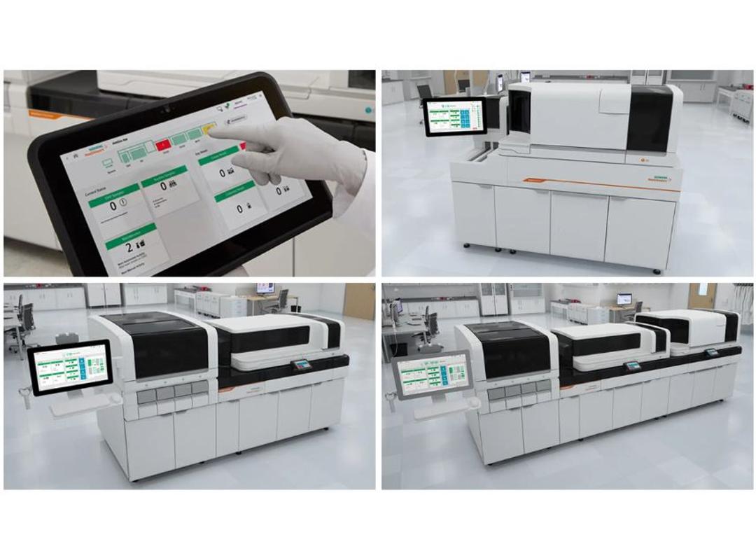 Clockwise from top-left: Operator tablet; Atellica® IM; Atellica® Solution in a linear configuration; Atellica® CH 930