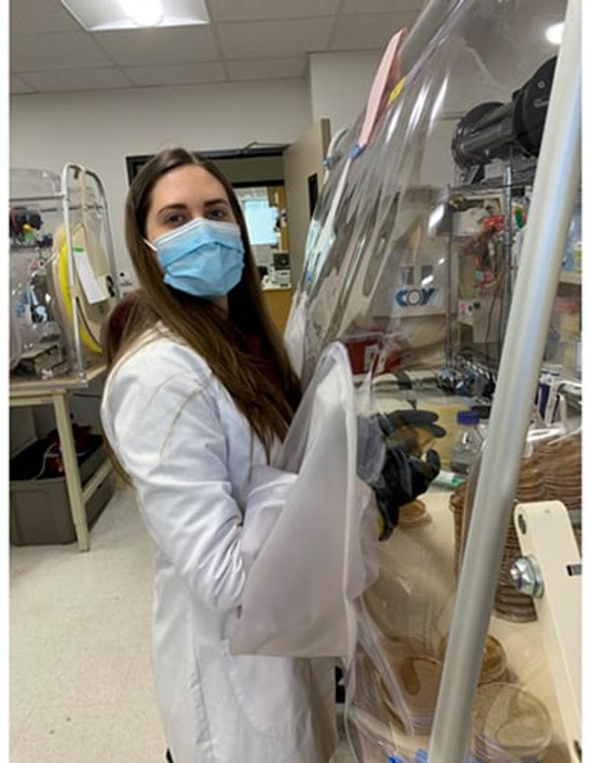 Colleen Brand working in an anaerobic fume hood