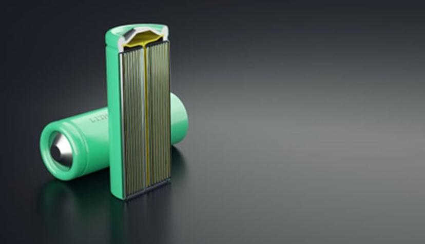 A lithium-ion battery and a lithium-ion battery which has been cut in half to show the contents inside.