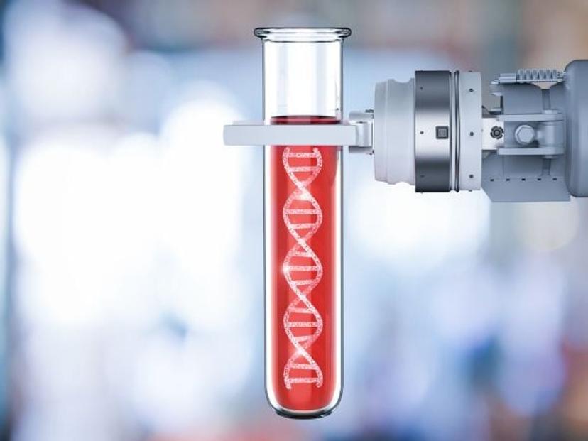 Test tube of blood sample with DNA helix