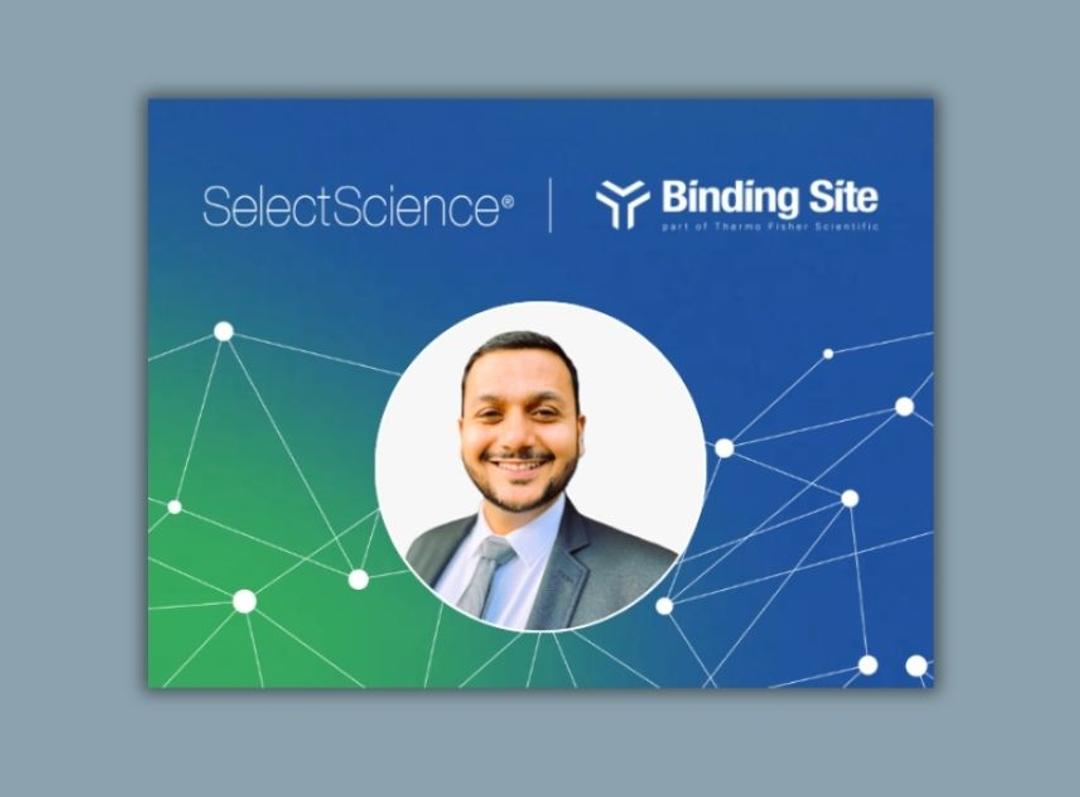 Image of headshot photo of Dr. Bhrugu Yagnik, MS, PhD, SelectScience logo and The Binding Site logo