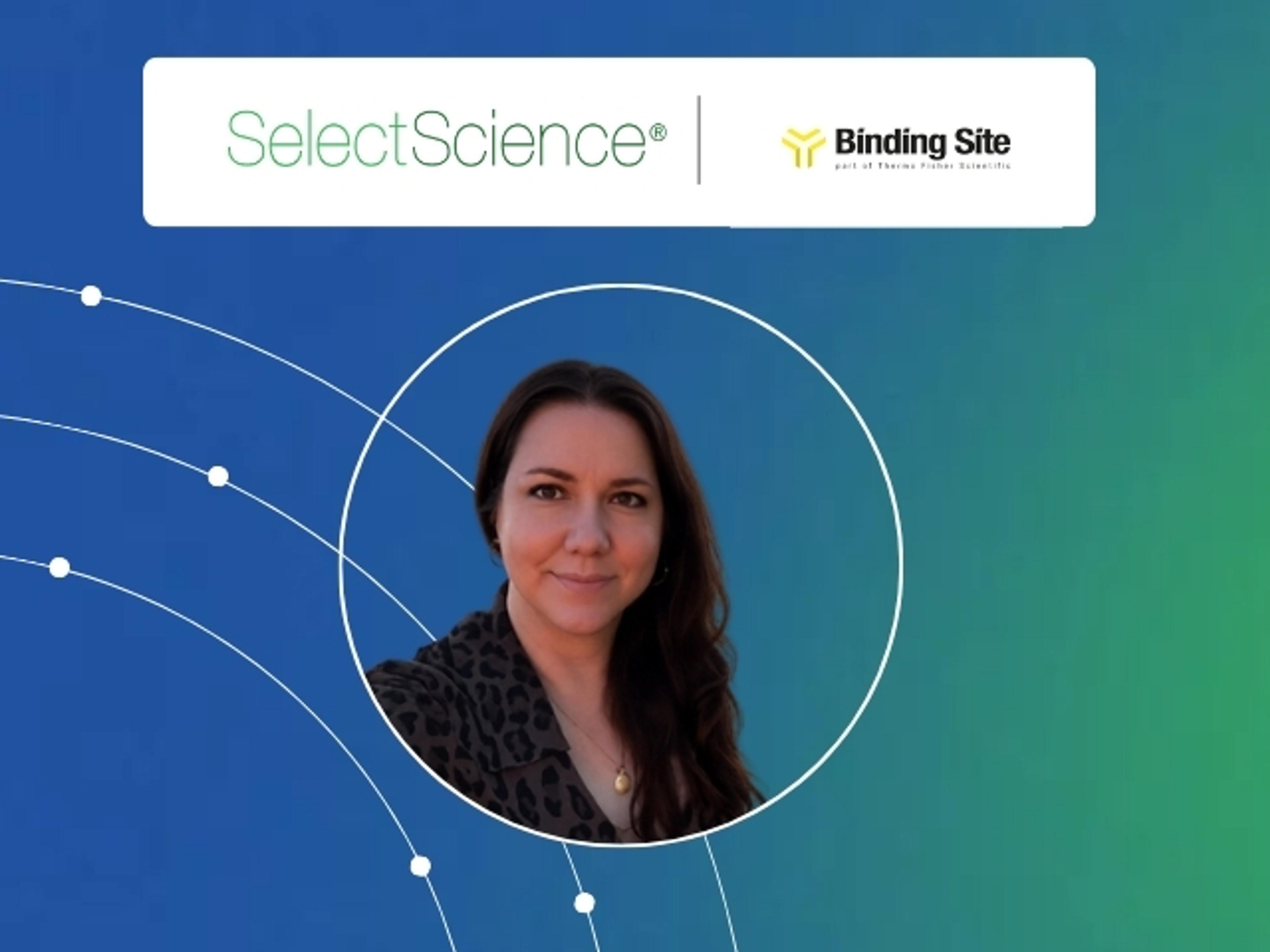 Promotional graphic for the SelectScience webinar "Monoclonal Protein Testing: Clinical Utility, Challenges & Opportunities", featuring SelectScience and The Binding Site logos and a speaker portrait on a blue and green gradient background.