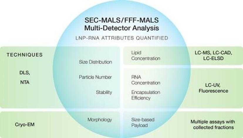 Graphic showing major quality attributes of LNP-RNA and, in the green rectangles, the traditional techniques used to quantify them.