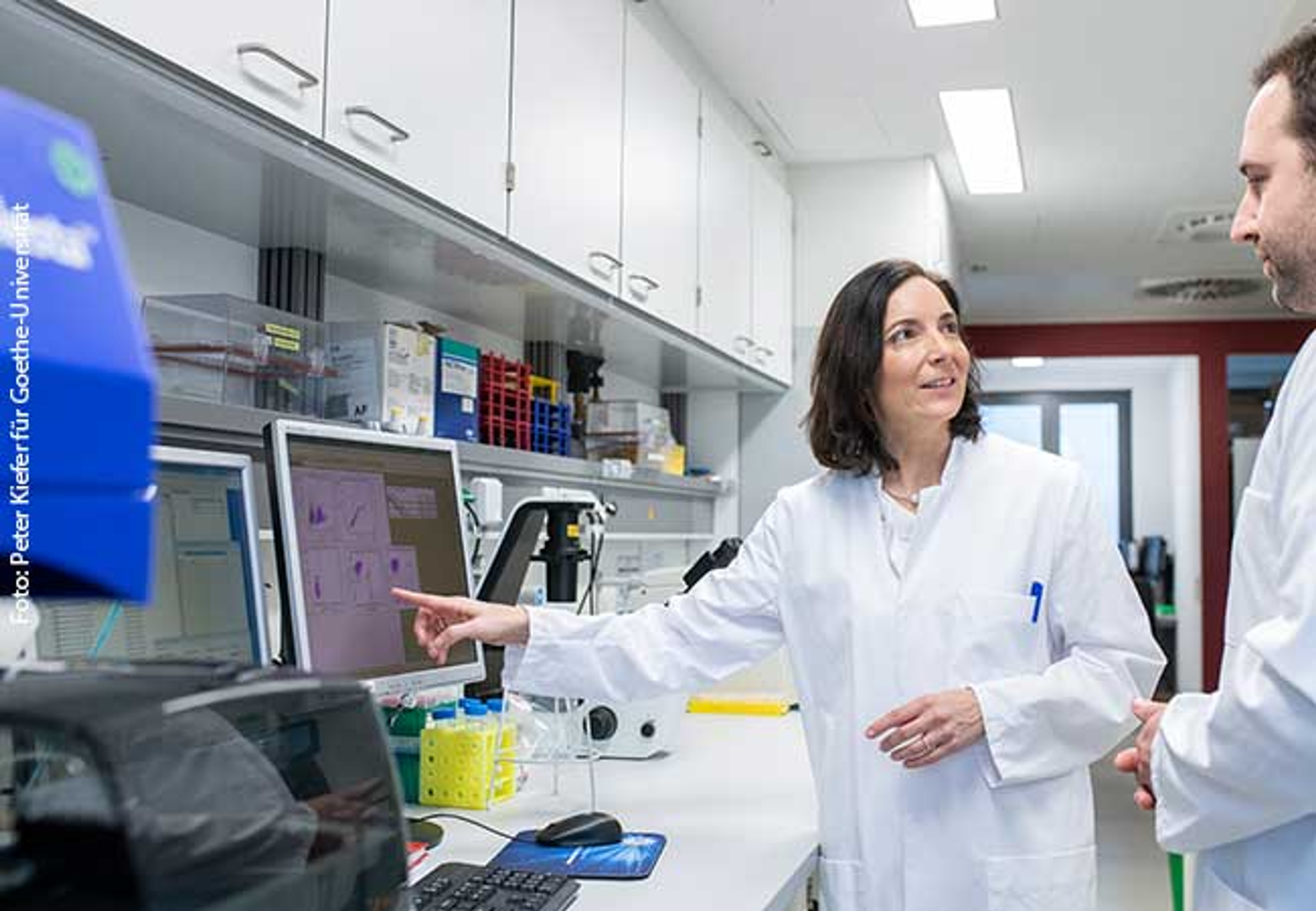 The genetic changes in the CAR-NK cells can be checked in a so-called flow cytometer (FACS). Prof. Evelyn Ullrich, Tobias Bexte (from left)