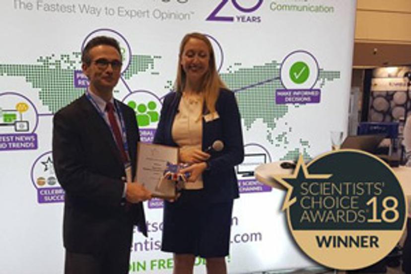 Kerry Parker presents award to Renaud Bardon, of MilliporeSigma