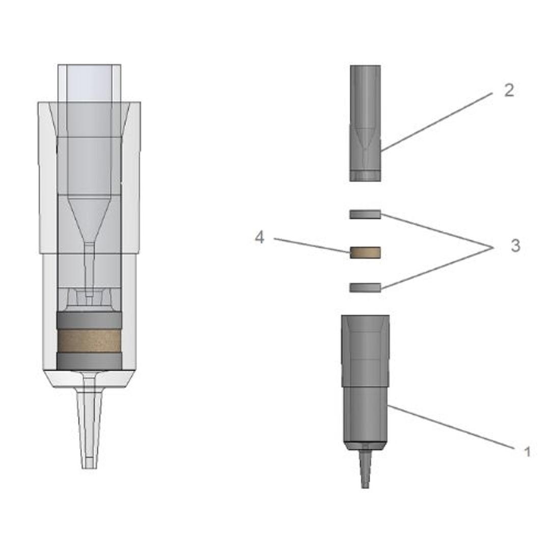 outer part (1)  filter disks (3)  sorbent material (4) inner