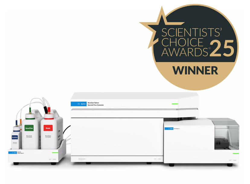 The NovoCyte Opteon Spectral Flow Cytometer with the 2025 Scientists' Choice Awards winner badge