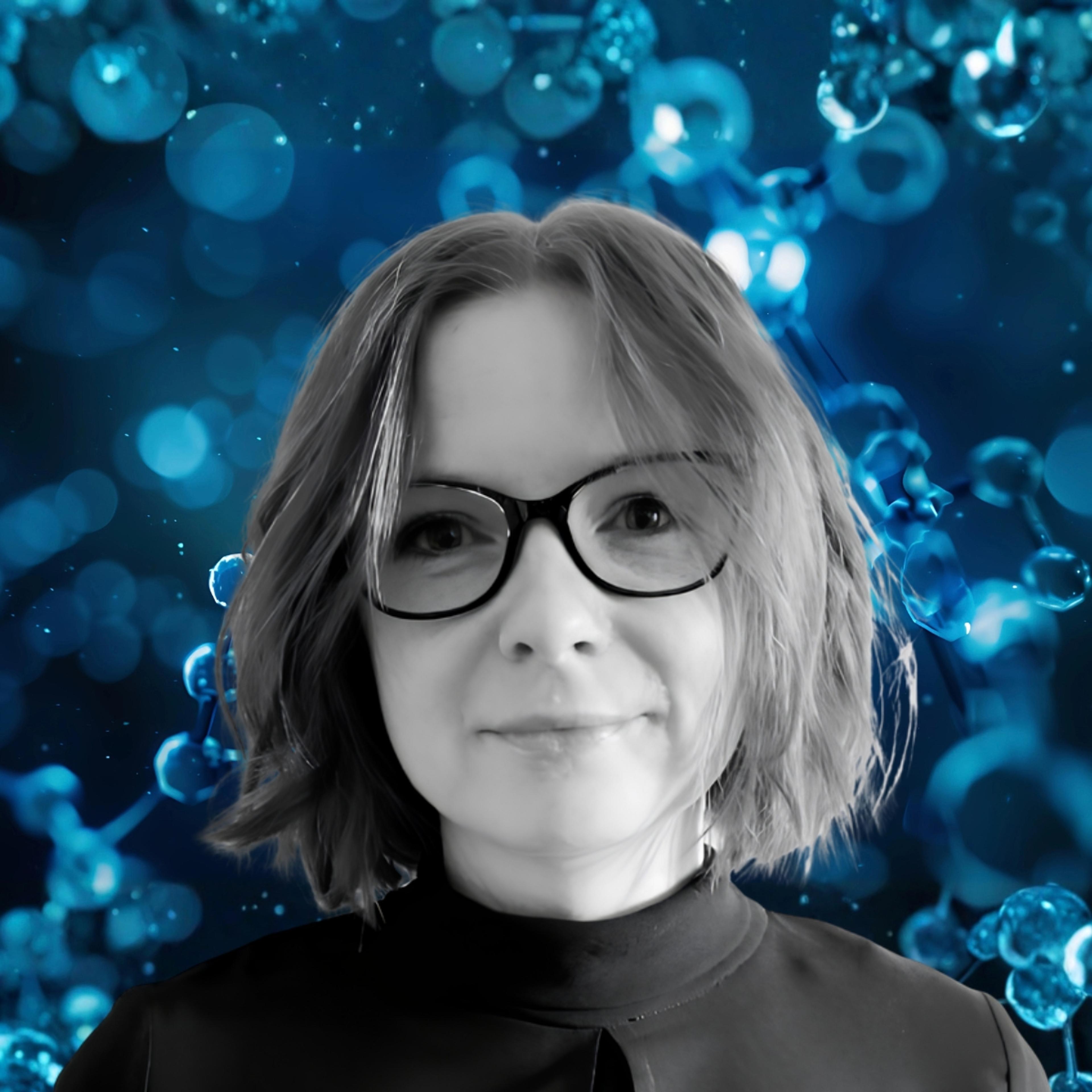 Portrait of a science professional with molecular structures in the background, illustrating water contamination analysis