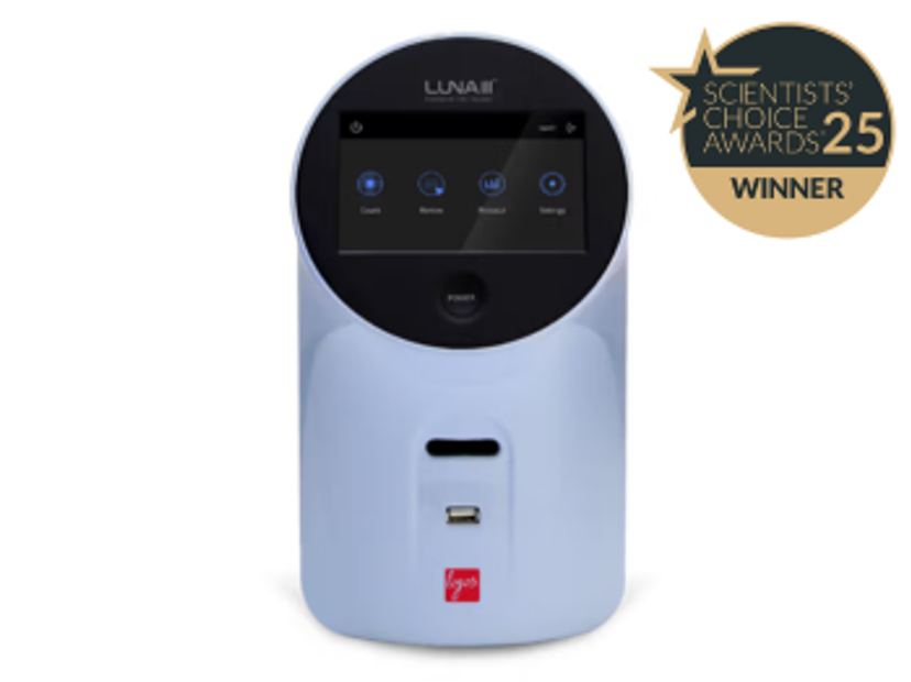 TheLuna III cell counter with the 2025 Scientists' Choice Awards winner badge