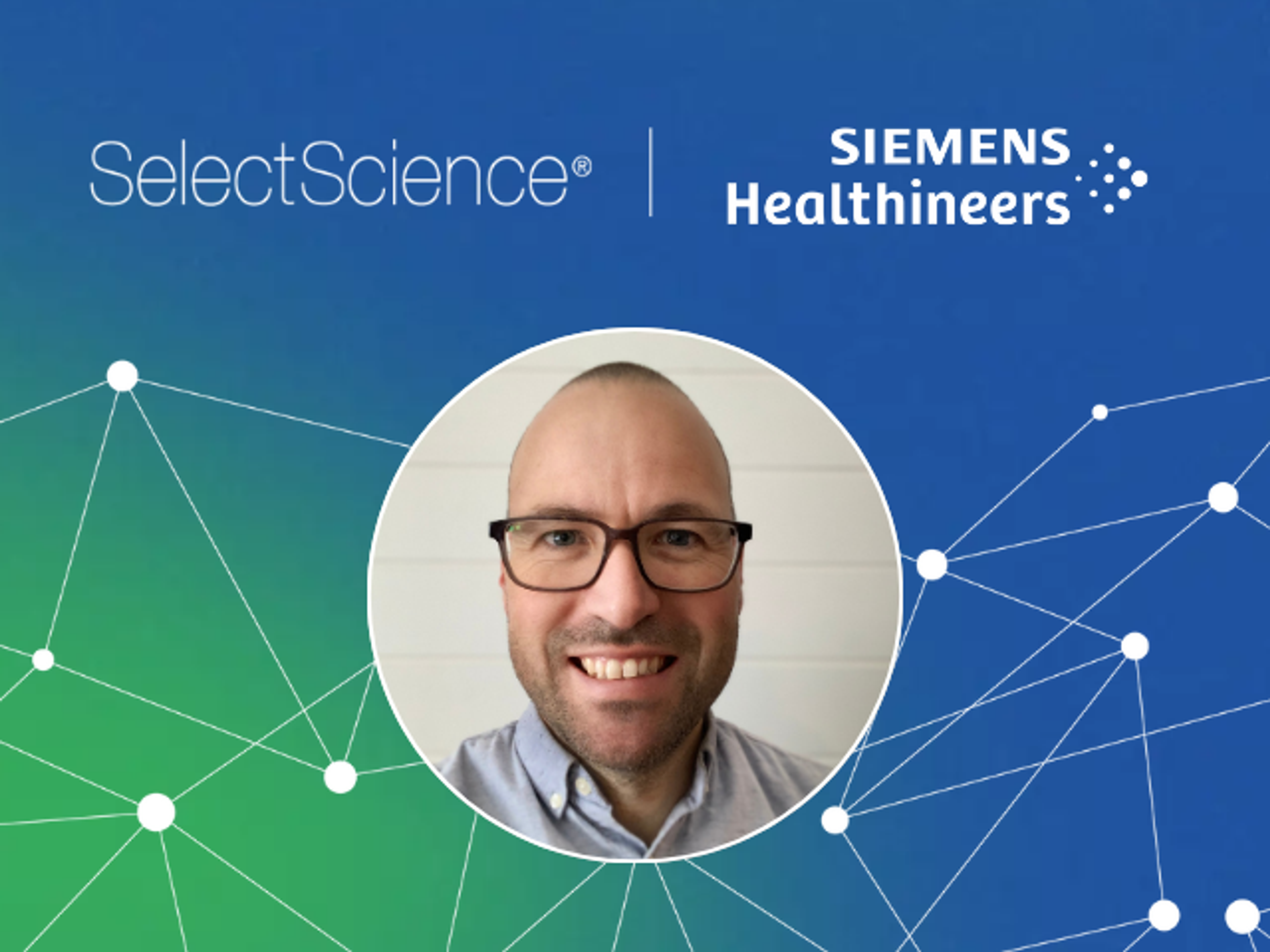 Circular headshots of the webinar speaker Dr. Vincent De Guire underneath SelectScience and Siemens Healthineers logos