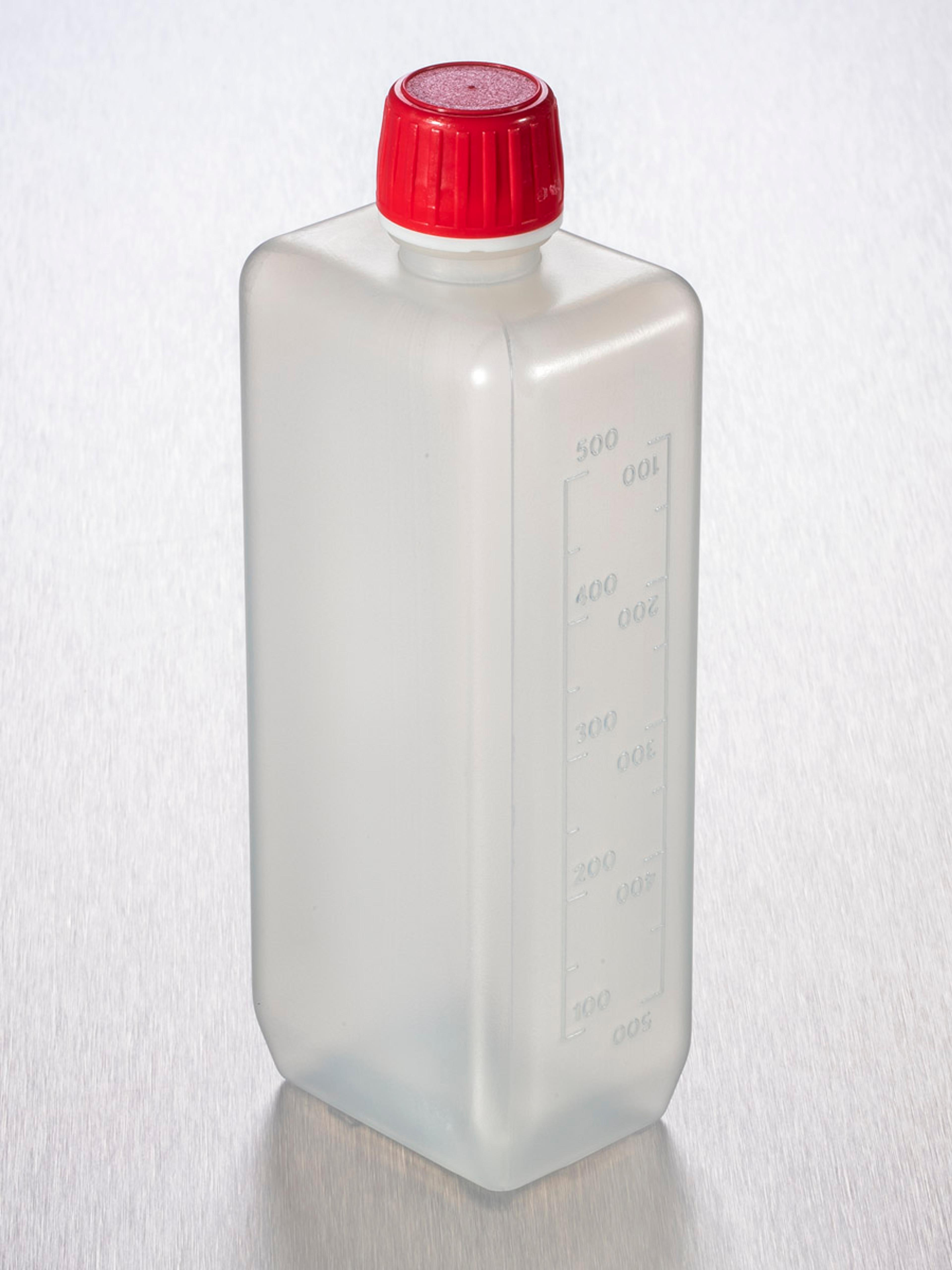Corning® Gosselin™ Rectangular PP Bottle, 500 mL, Graduated, 20 mm Tamper-evident Cap with Shaped Seal, Sterile, 1/Bag, 100/Case - Corning Life Sciences
