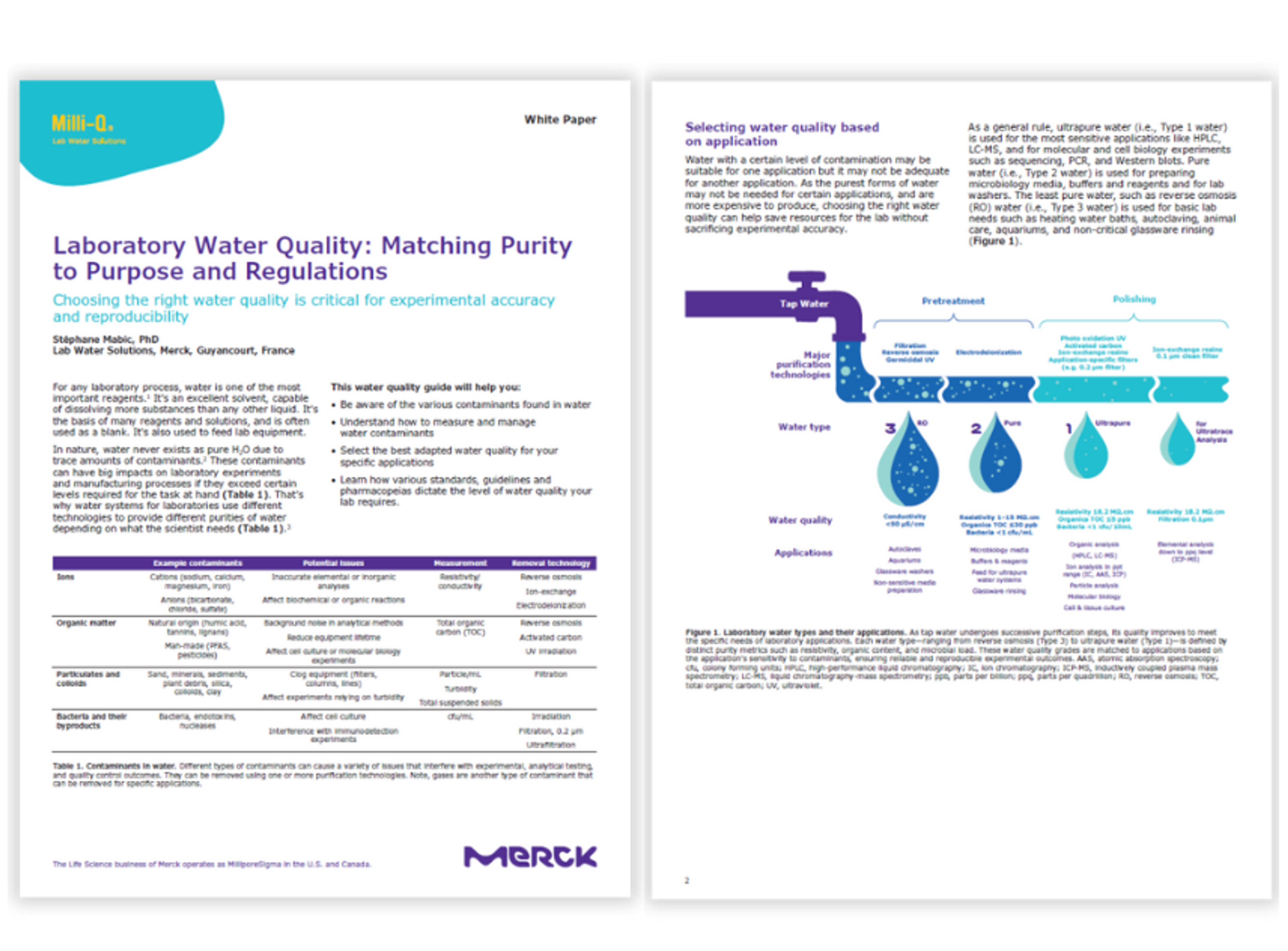Screenshots of two pages from the whitepaper Laboratory water quality: Matching purity to purpose and regulations
