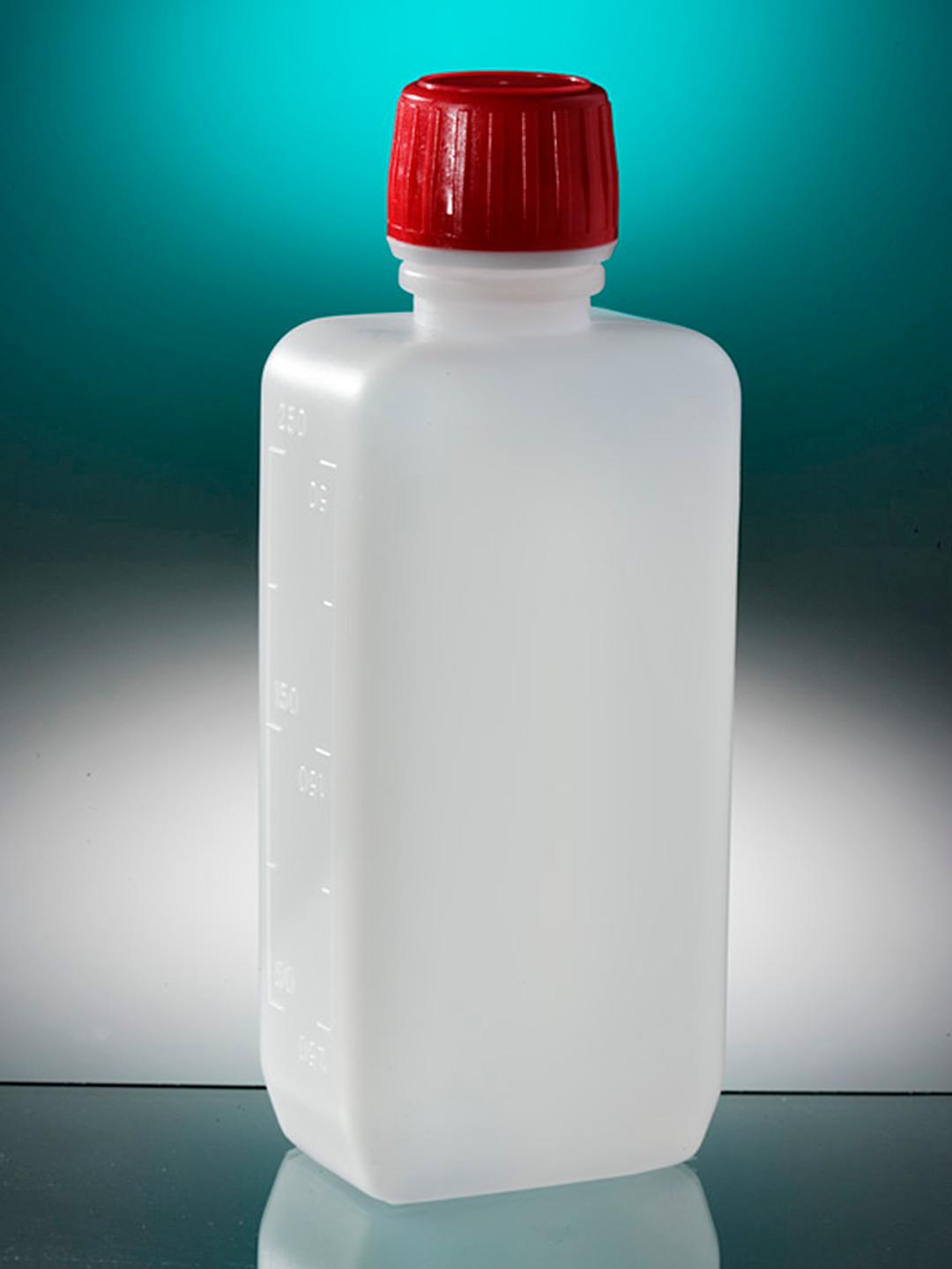 Corning® Gosselin™ Rectangular HDPE Bottle, 250 mL, Graduated, 20 mm Red Tamper-evident Cap with Seal, Assembled, Sterile, 312/Case - Corning Life Sciences