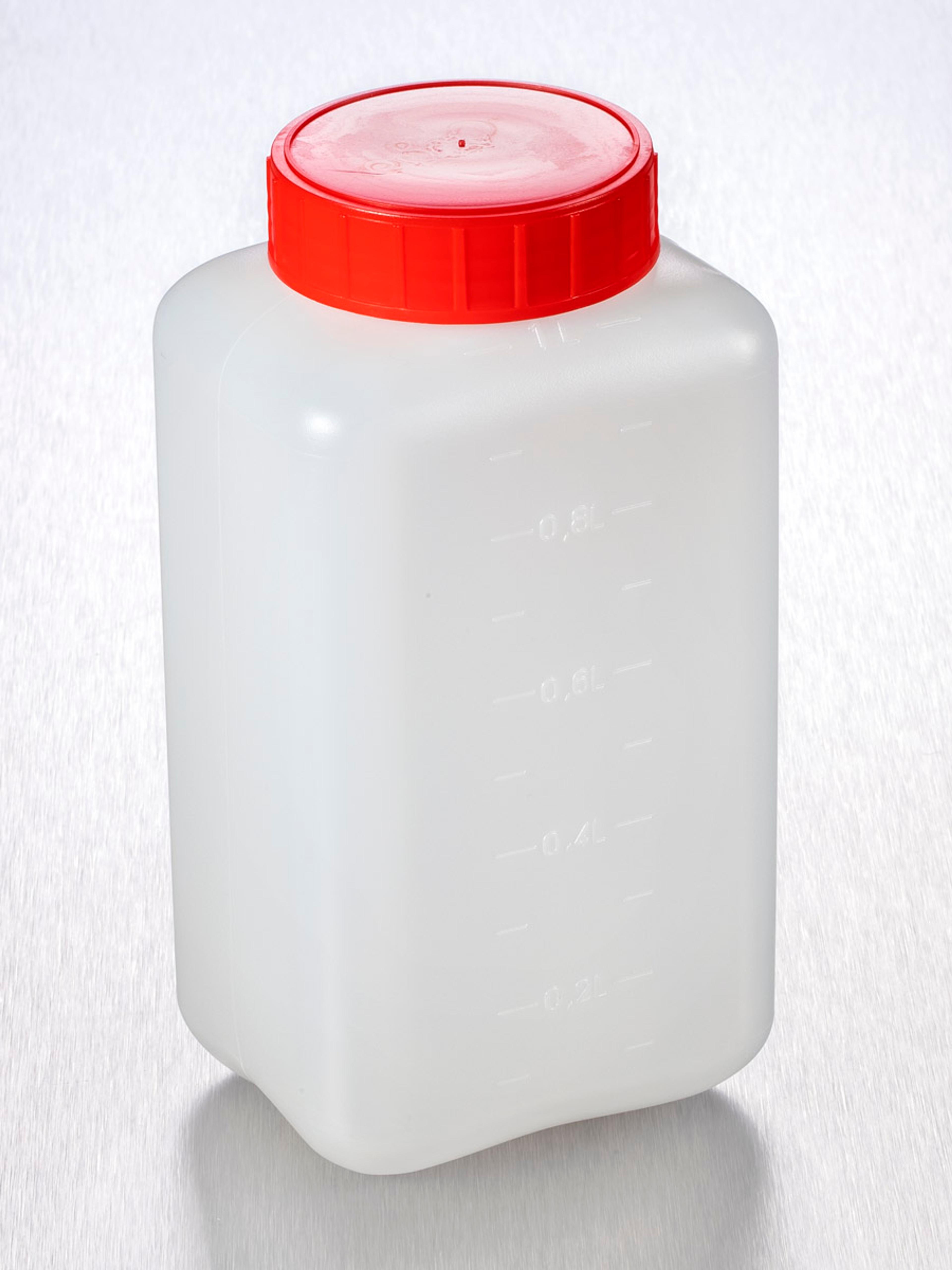 Corning® Gosselin™ Square HDPE Bottle, 1 L, Graduated, 58 mm Red Cap, Assembled,  Sterile, 90/Case - Corning Life Sciences