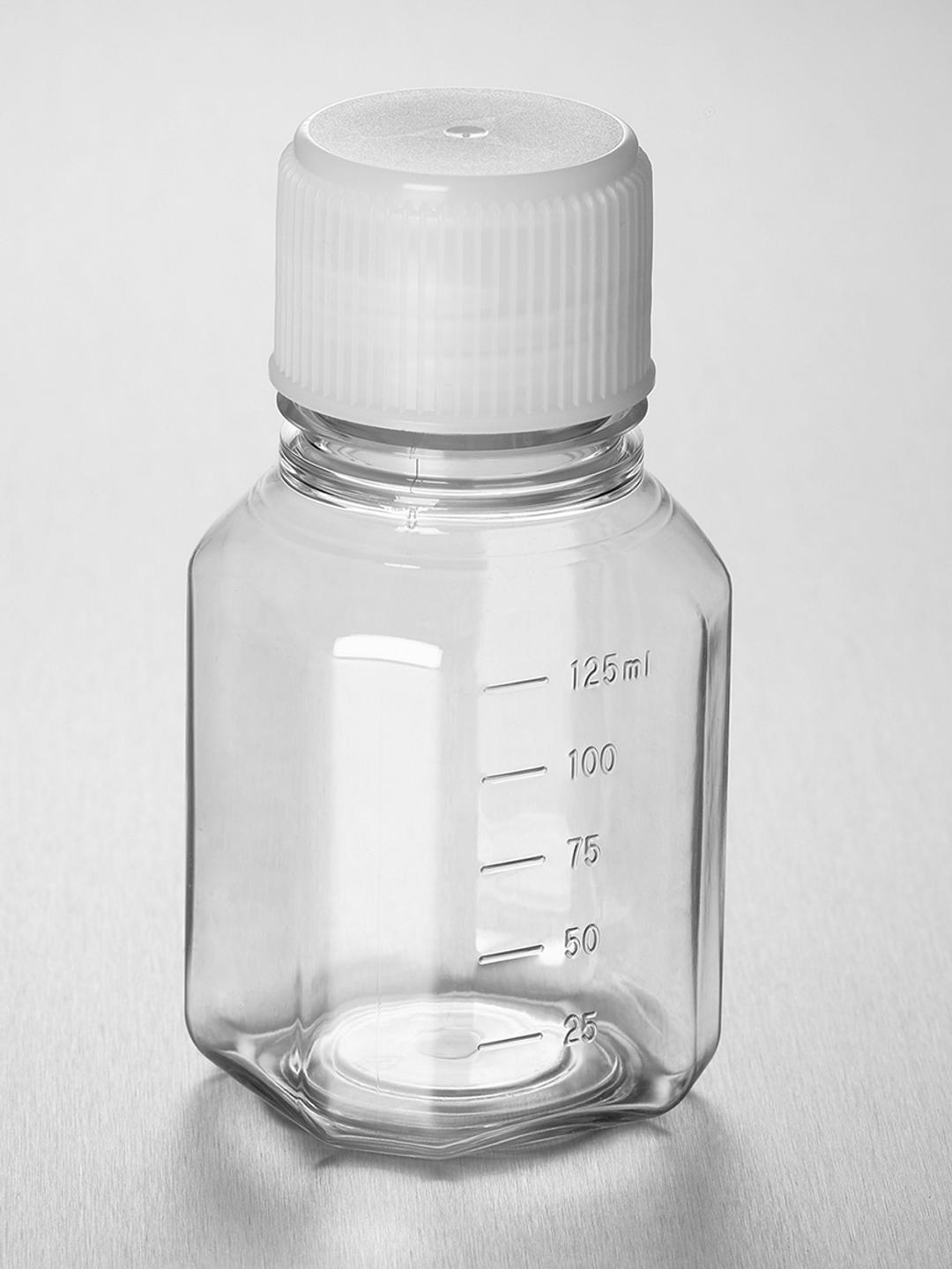 Corning® PET Bottle, 125 mL, Graduated, 31 mm Screw Cap validated against IATA, Sterile, Triple-bagged, Pre-assembled, 24/Tray, 96/Case - Corning Life Sciences