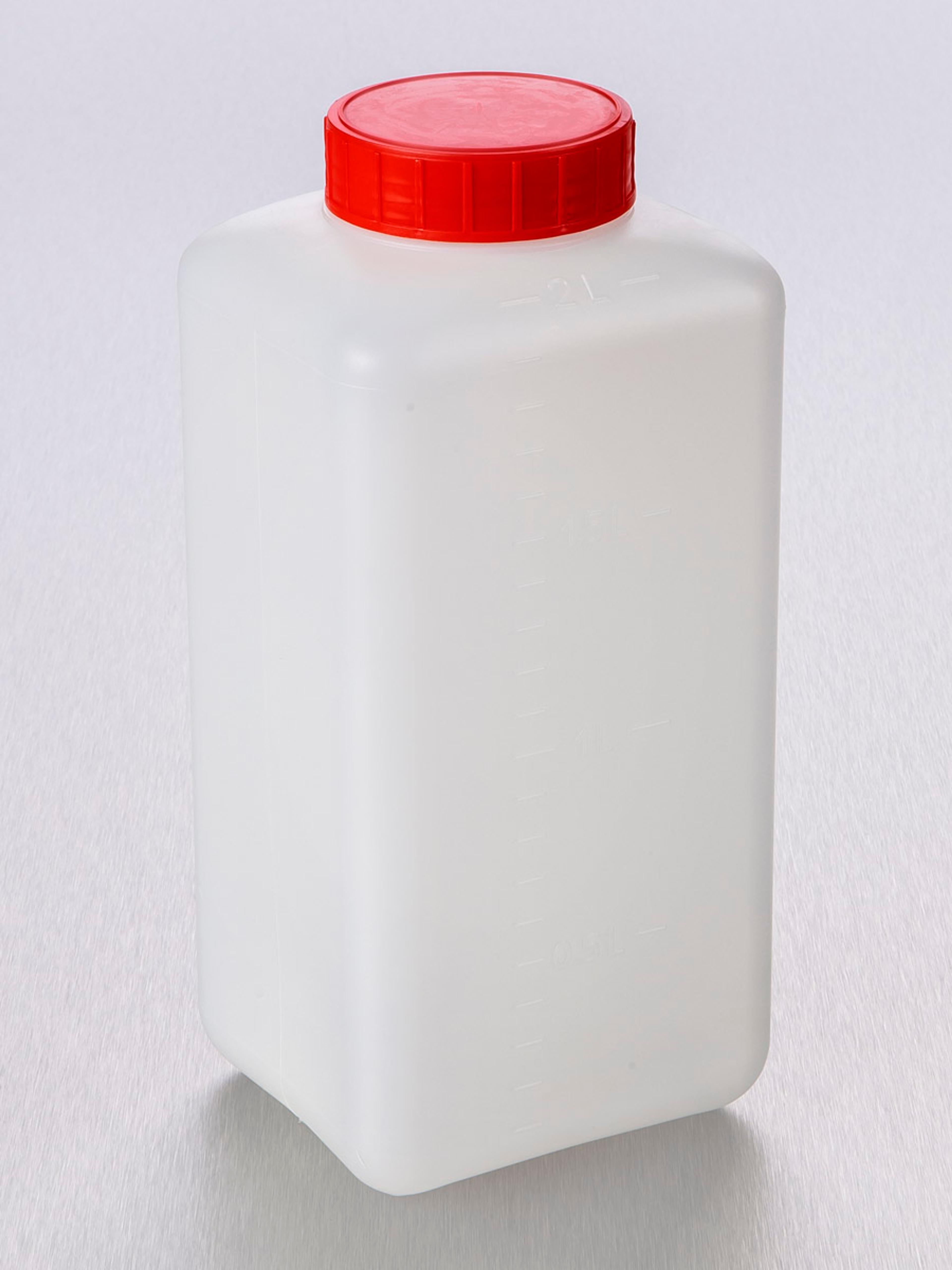 Corning® Gosselin™ Square HDPE Bottle, 2 L, Graduated, 58 mm Red Cap with Seal, Assembled, 50/Case - Corning Life Sciences