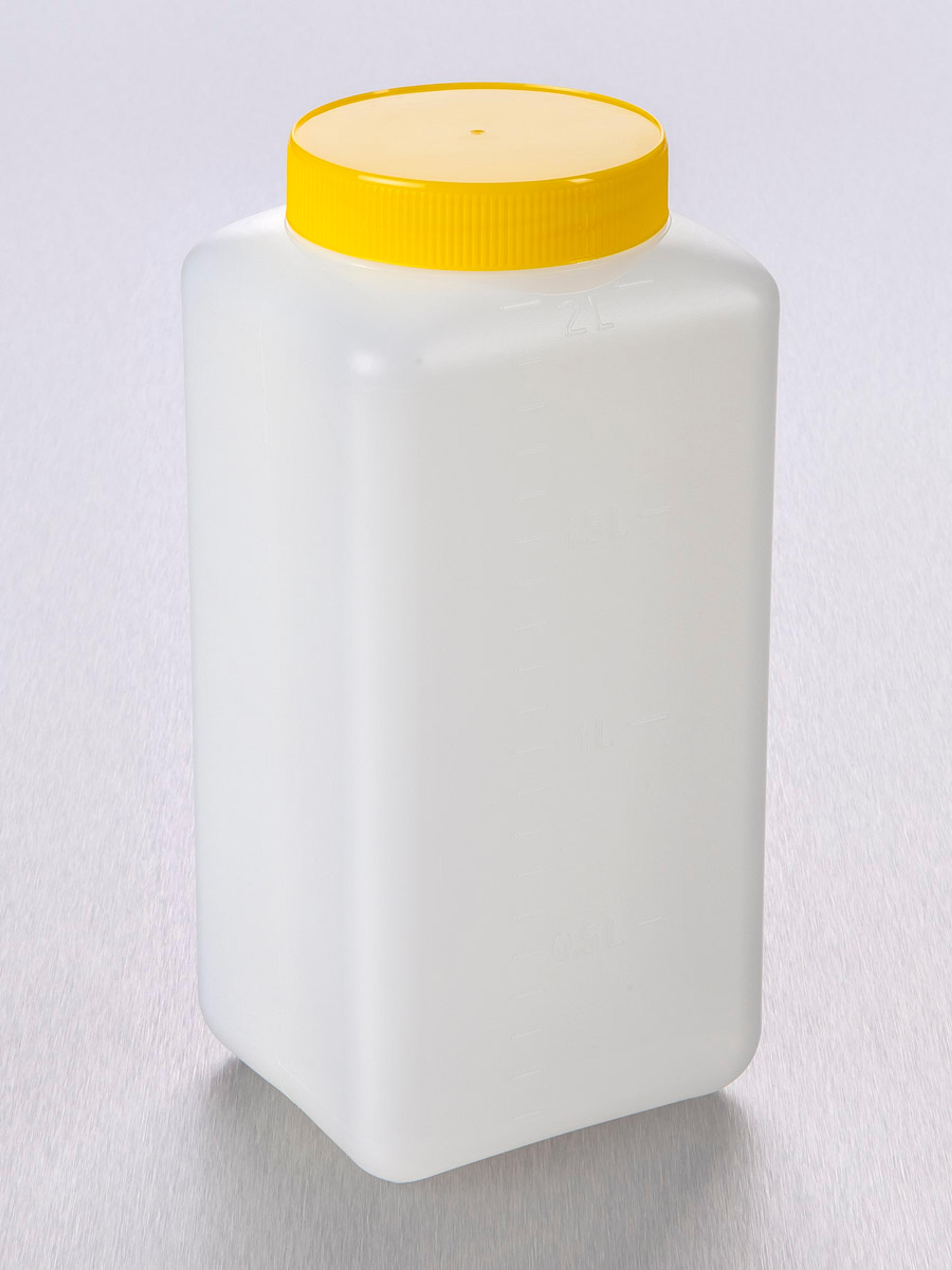 Corning® Gosselin™ Square HDPE Bottle, 2 L, Graduated, 73 mm Yellow Cap with Wad, Assembled, 50/Case - Corning Life Sciences