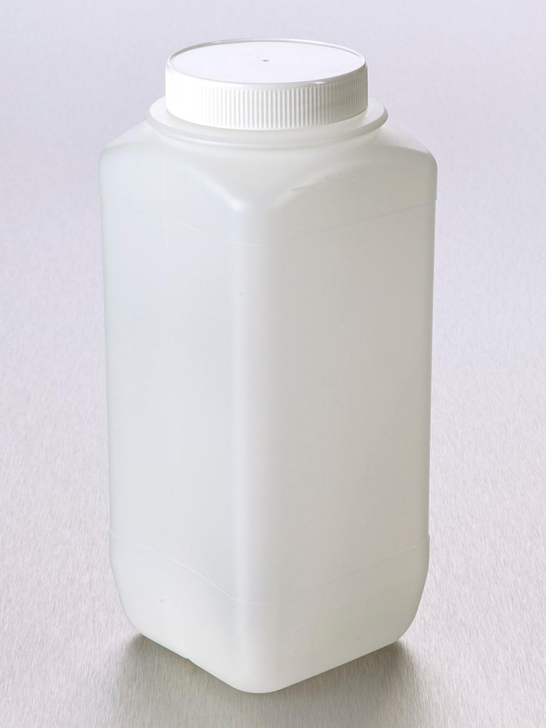 Corning® Gosselin™ Square HDPE Bottle, 2.5 L, Graduated, 77 mm White Cap with Wad, Assembled, Sterile, 1/Bag, 35/Case - Corning Life Sciences