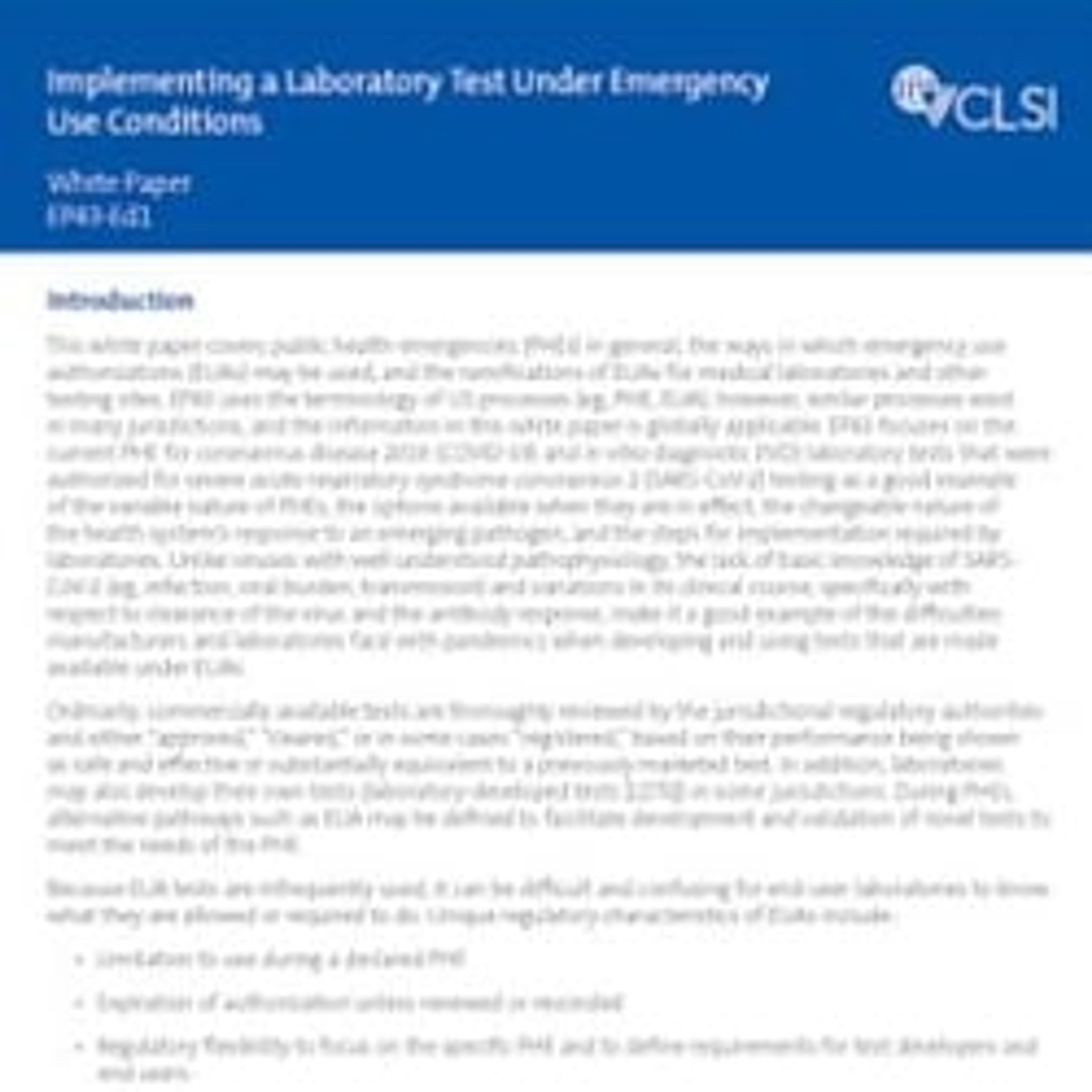 EP43, Implementing a Laboratory Test Under Emergency Use Conditions - Clinical and Laboratory Standards Institute - Clinical Diagnostics