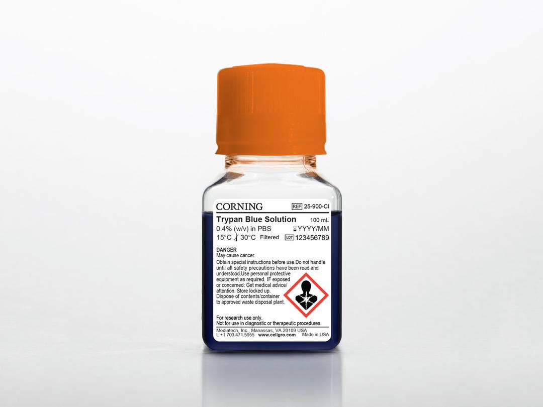 Corning® 100 mL Trypan Blue Solution, 0.4% (w/v) in PBS, pH 7.5 ± 0.5 - Corning Life Sciences