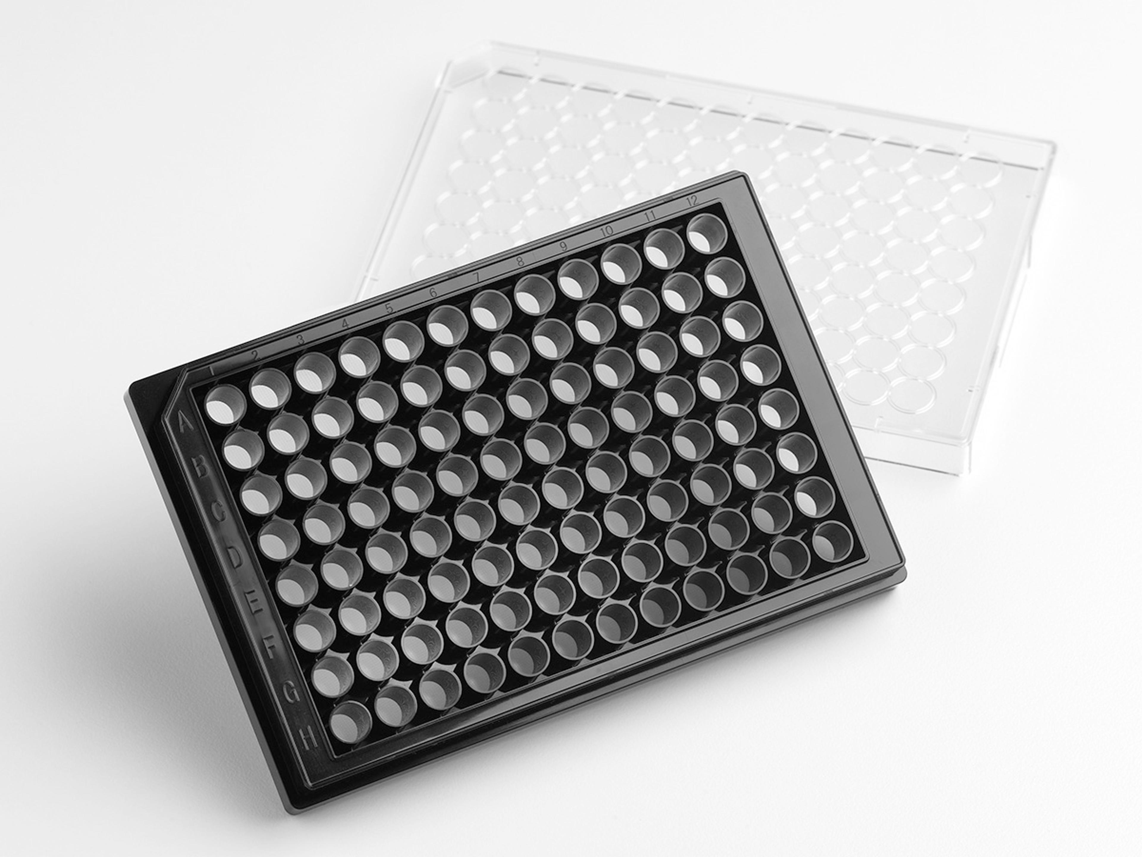 Corning® Elplasia® 96-well Black/Clear, Square, Plasma Treated, Microcavity Microplate, with Lid - Corning Life Sciences