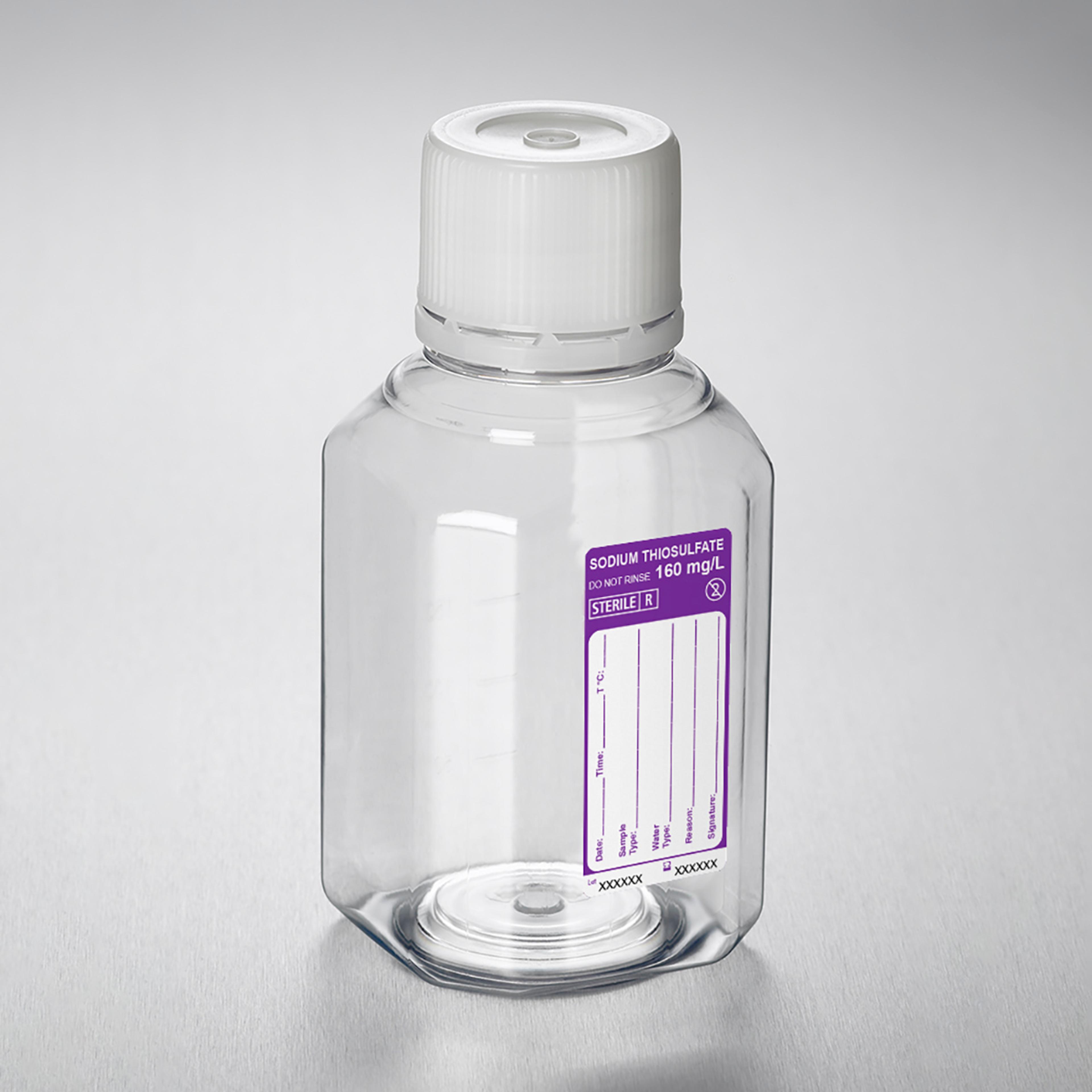 Corning® Gosselin™ Water Sampling Octogonal PET Bottle, 250 mL, Graduated, 160 mg/L Sodium Thiosulfate, 31 mm Tamper-evident Cap, Sterile, 24/Pack, 144/Case - Corning Life Sciences