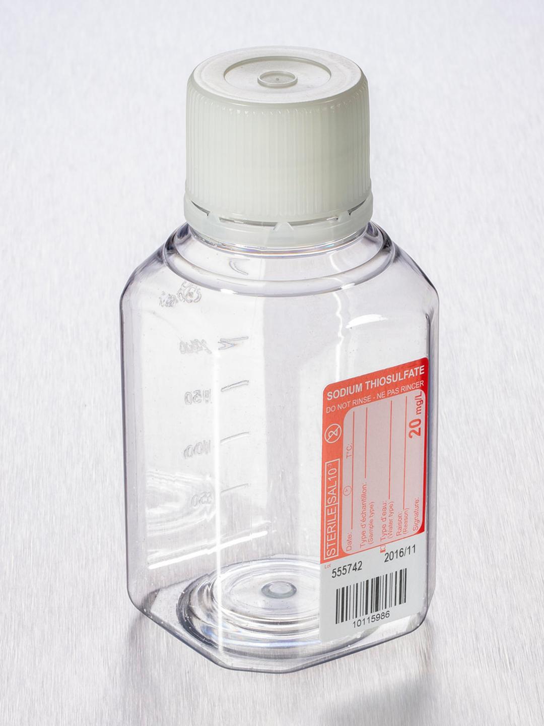 Corning® Gosselin™ Water Sampling Octagonal PET Bottle, 250 mL, Graduated, 20 mg/L Sodium Thiosulfate, 31 mm Tamper-evident Cap, Sterile, 24/Pack, 144/Case - Corning Life Sciences