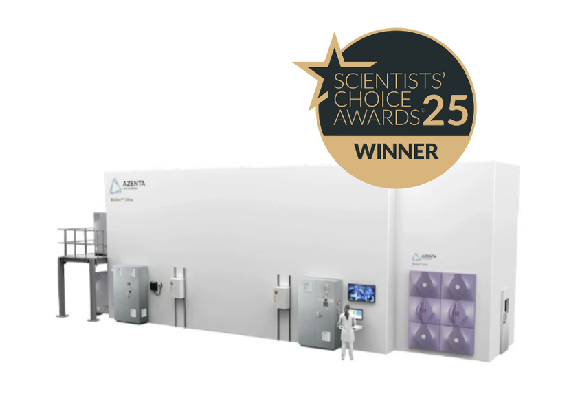The BioArc™ Ultra High Density –80°C Automated Sample Storage System with the 2025 Scientists' Choice Awards winner badge