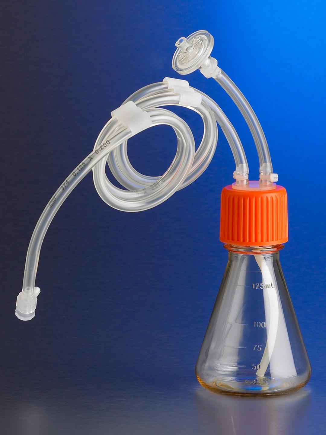 Corning® 125 mL Polycarbonate Erlenmeyer Flask with 1/8 Dip Tube, 0.2 µm Vent, Male Luer Lock, Sterile, 1/bag, 6/case - Corning Life Sciences - Drug discovery > Target Discovery