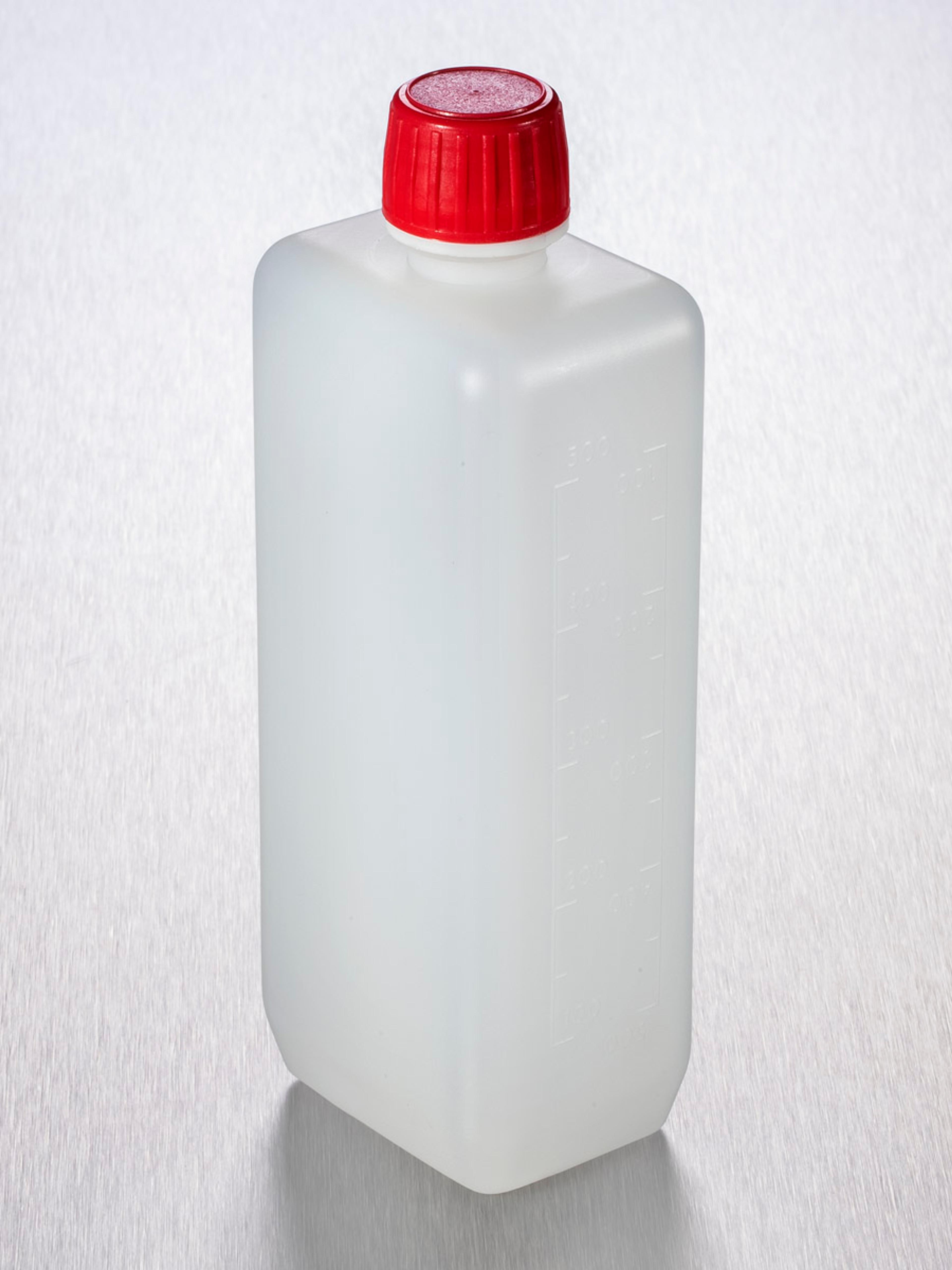 Corning® Gosselin™ Rectangular HDPE Bottle, 500 mL, Graduated, 20 mm Red Tamper-evident Cap with Shaped Seal, Non-assembled, 170/Case - Corning Life Sciences