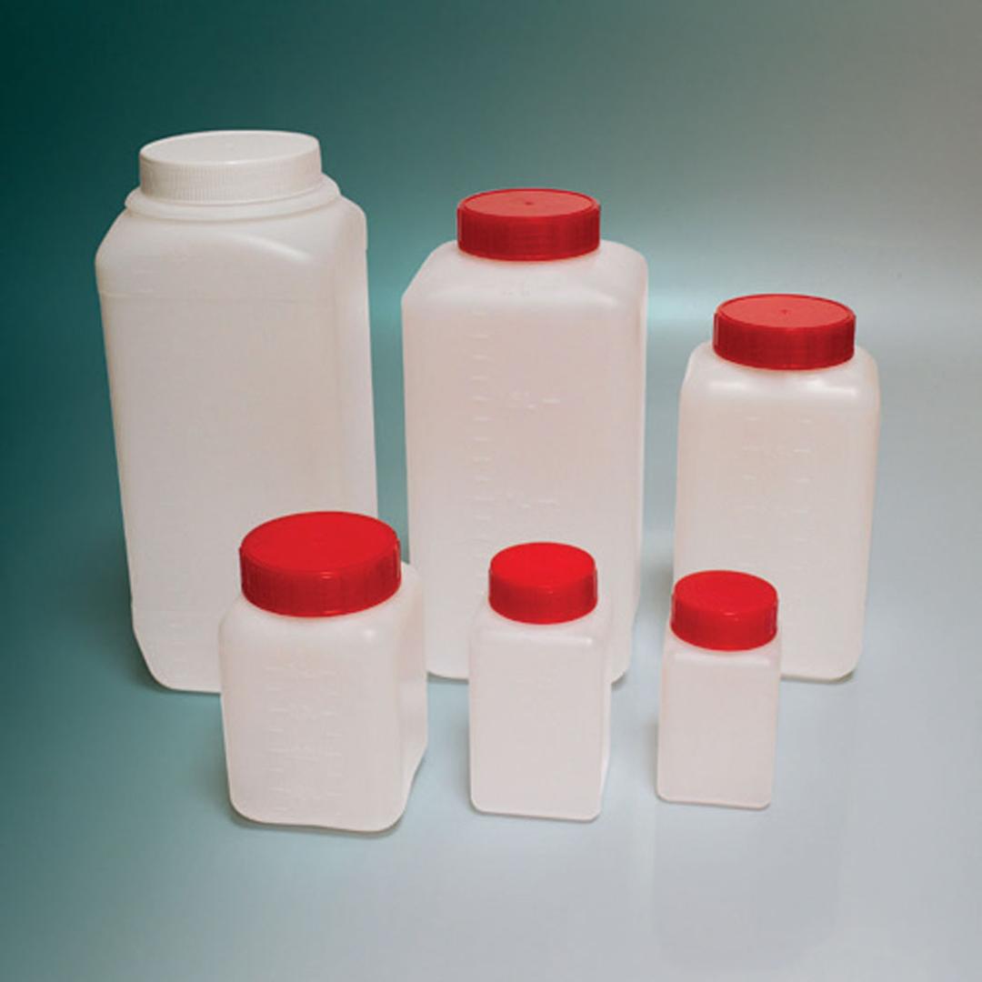 Corning® Gosselin™ Square HDPE Bottle, 500 mL, Graduated, 58 mm Red Cap with Shaped Seal, Assembled, Sterile, 175/Case - Corning Life Sciences - General Lab