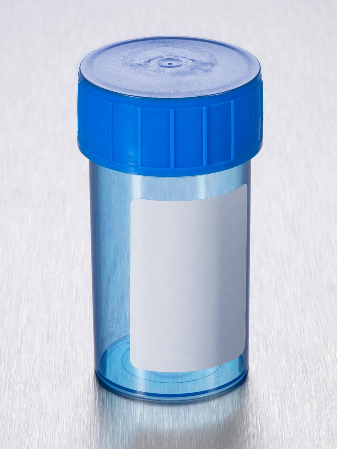 Corning® Gosselin™ Straight Container, 60 mL, Blue PP with White Label, Blue Screw Cap, Assembled, Sterile, 70/Bag, 700/Case - Corning Life Sciences