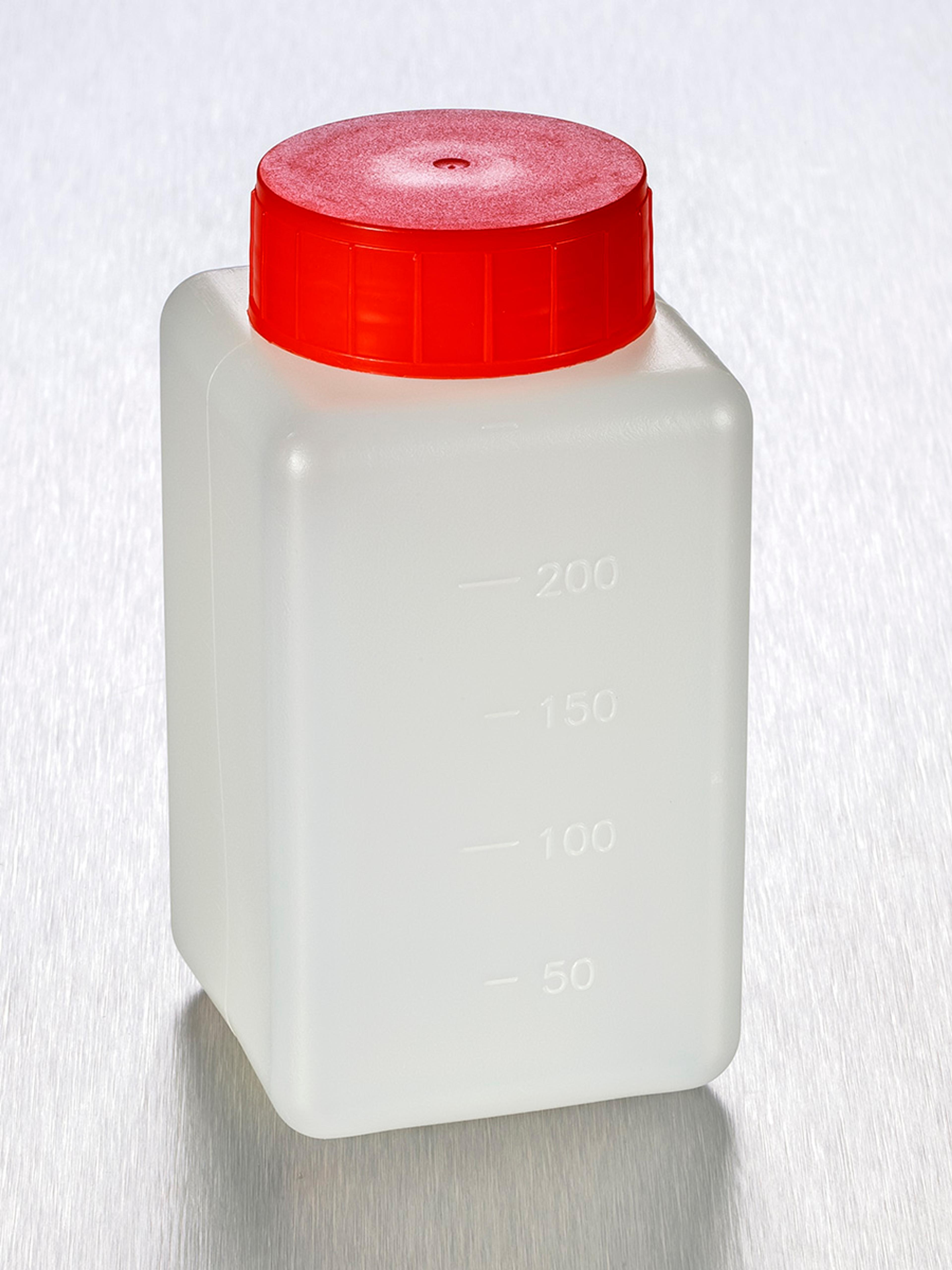 Corning® Gosselin™ Square HDPE Bottle, 250 mL, Graduated, 37 mm Red Cap with Wad, Assembled, Sterile, 182/Case - Corning Life Sciences