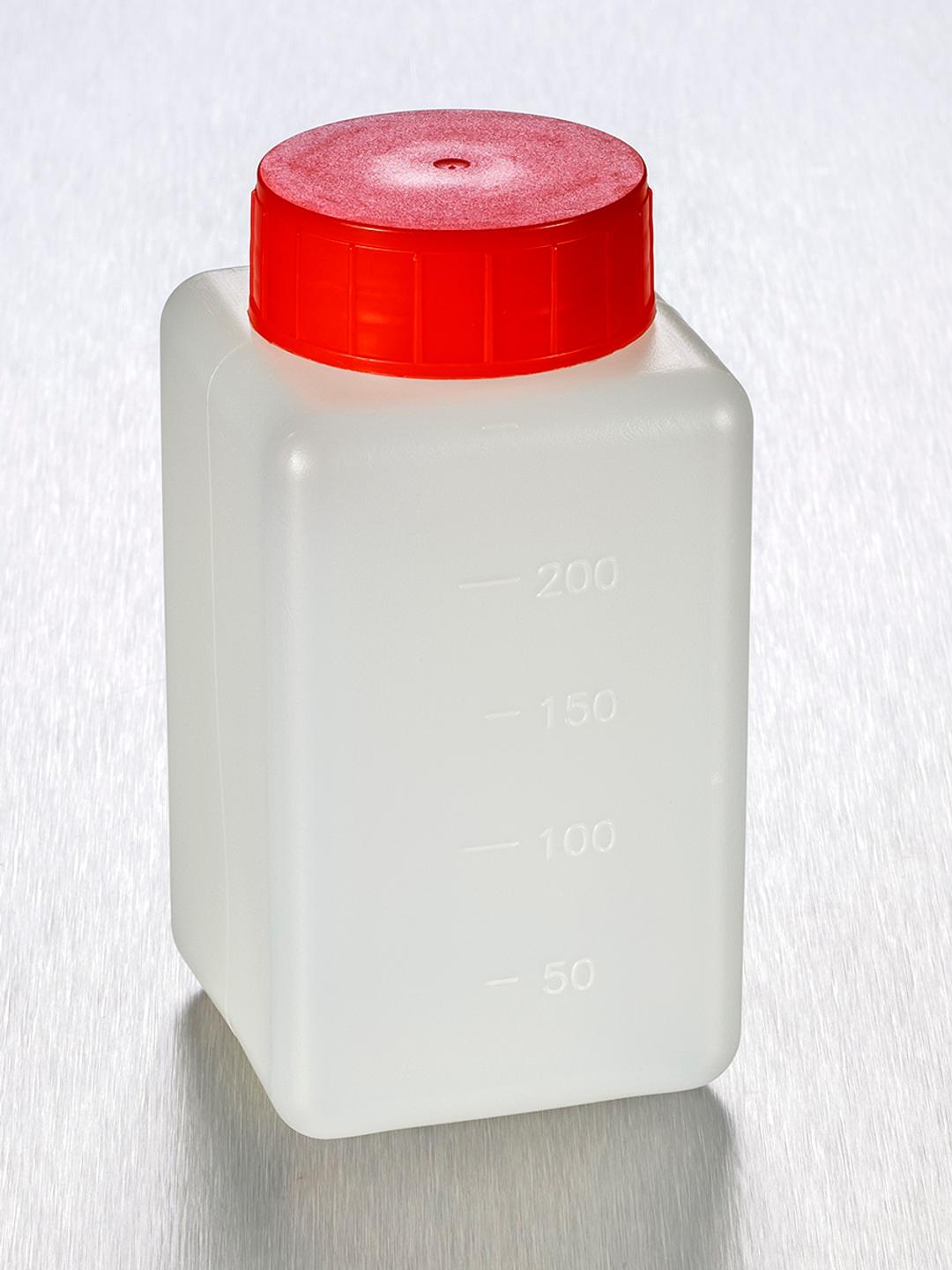 Corning® Gosselin™ Square HDPE Bottle, 250 mL, Graduated, 37 mm Red Cap with Wad, Assembled, Sterile, 182/Case - Corning Life Sciences