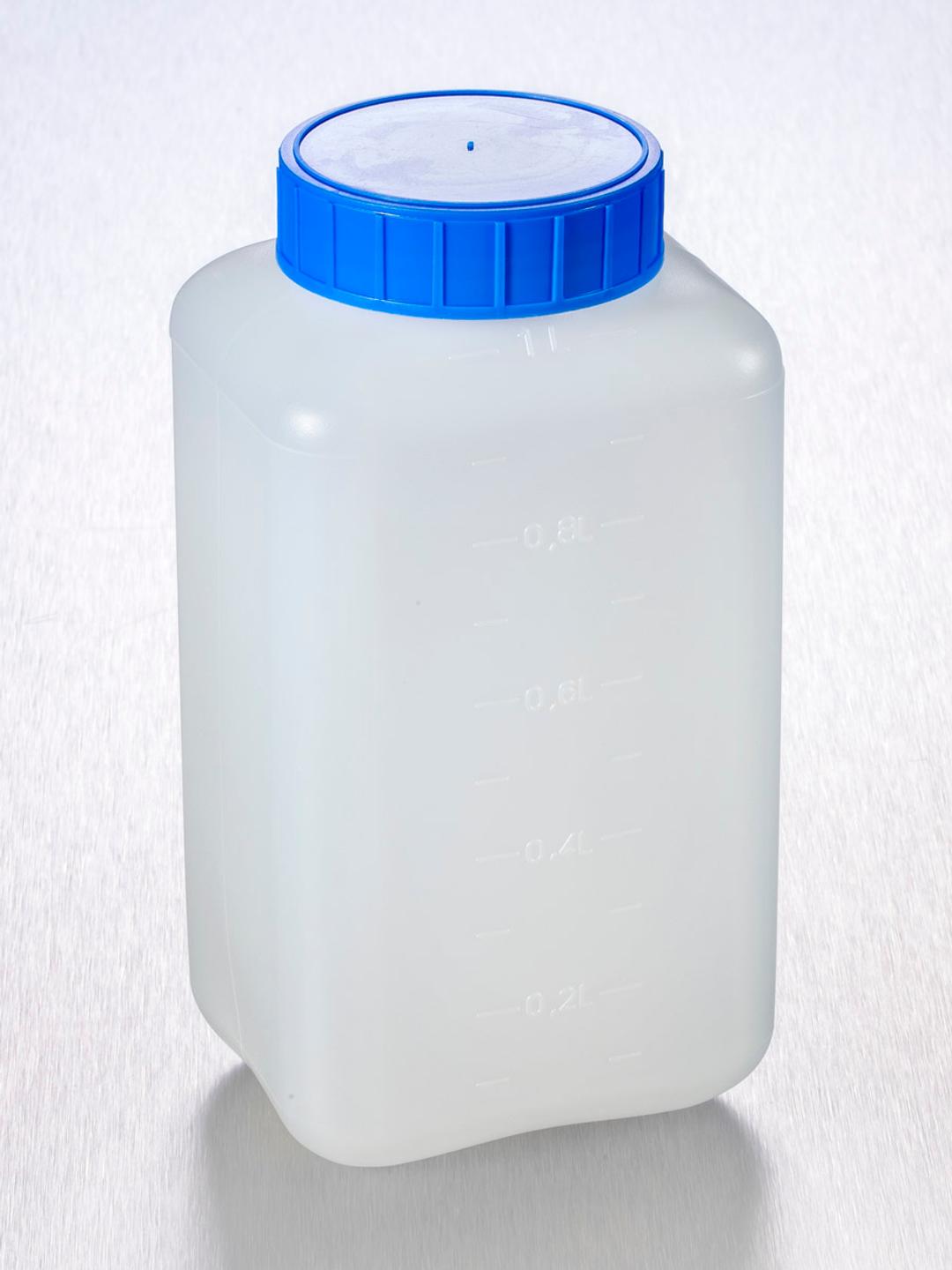 Corning® Gosselin™ Square HDPE Bottle, 1 L, Graduated, 58 mm Blue Cap, Assembled, 90/Case - Corning Life Sciences