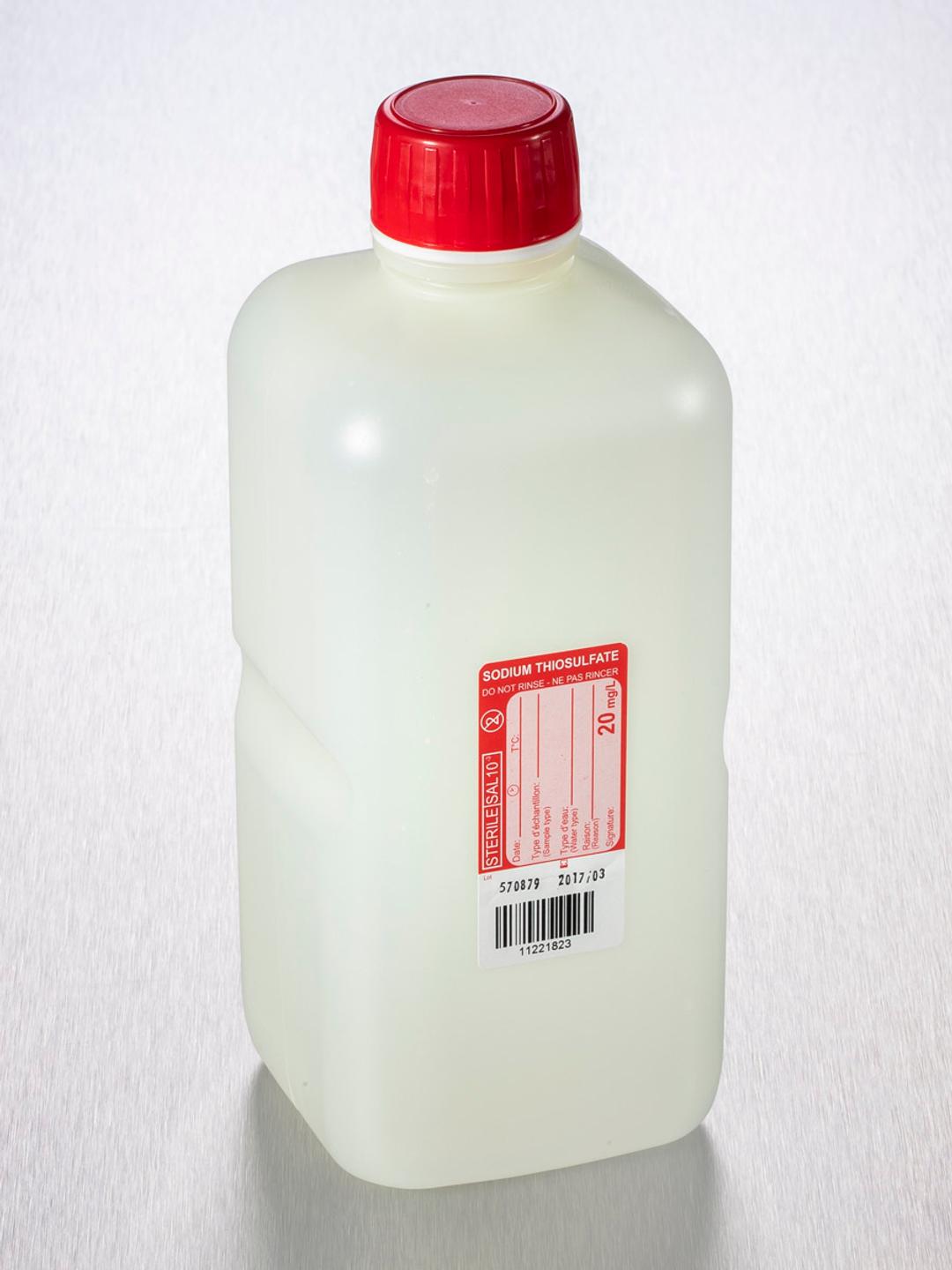 Corning® Gosselin™ Water Sampling Square HDPE Bottle, 1 L, Graduated, 20 mg/L Sodium Thiosulfate, 28 mm Red Tamper-evident Cap with Shaped Seal, Sterile, 77/Case - Corning Life Sciences