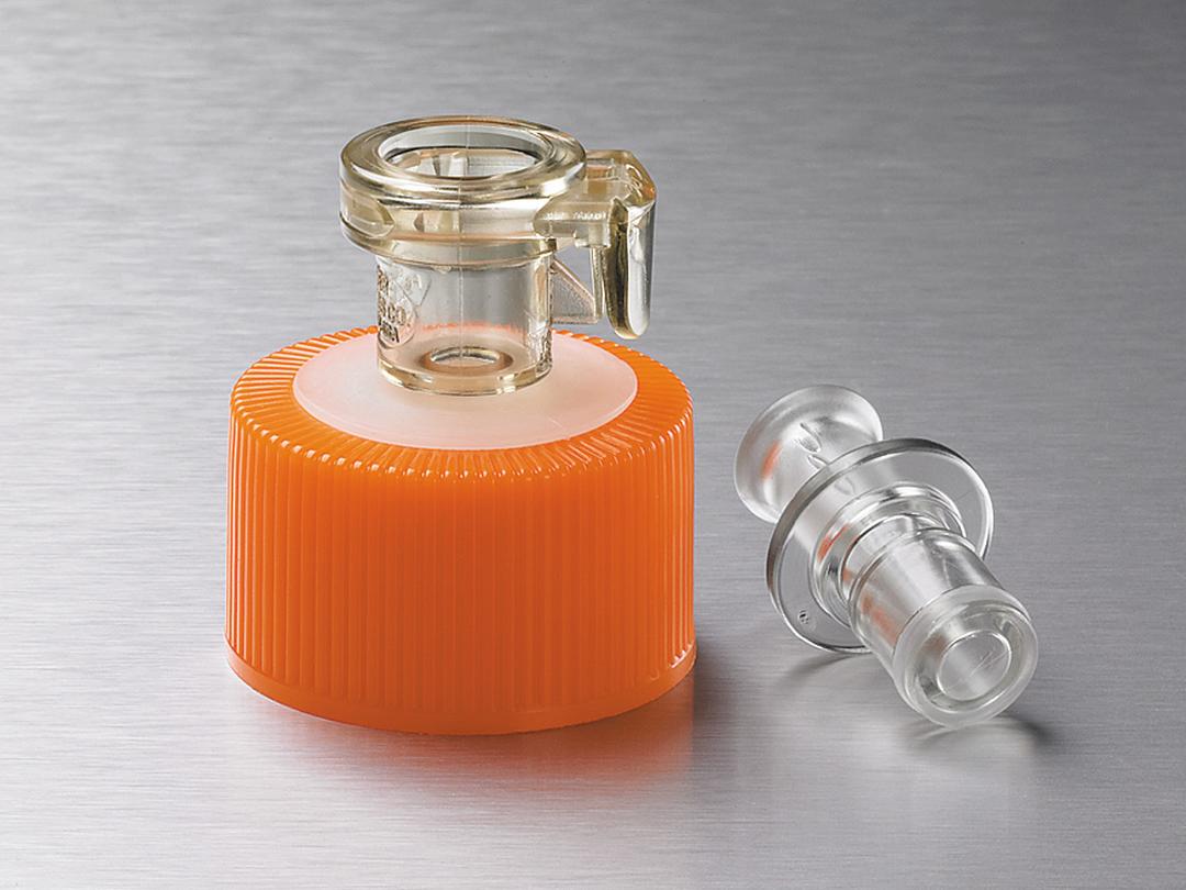 Corning® 33 mm Polyethylene Filling Cap with a Male MPC Polycarbonate with a 3/8 (9.5 mm) ID Coupling and a Female MPC Polycarbonate End Cap - Corning Life Sciences - Life Sciences