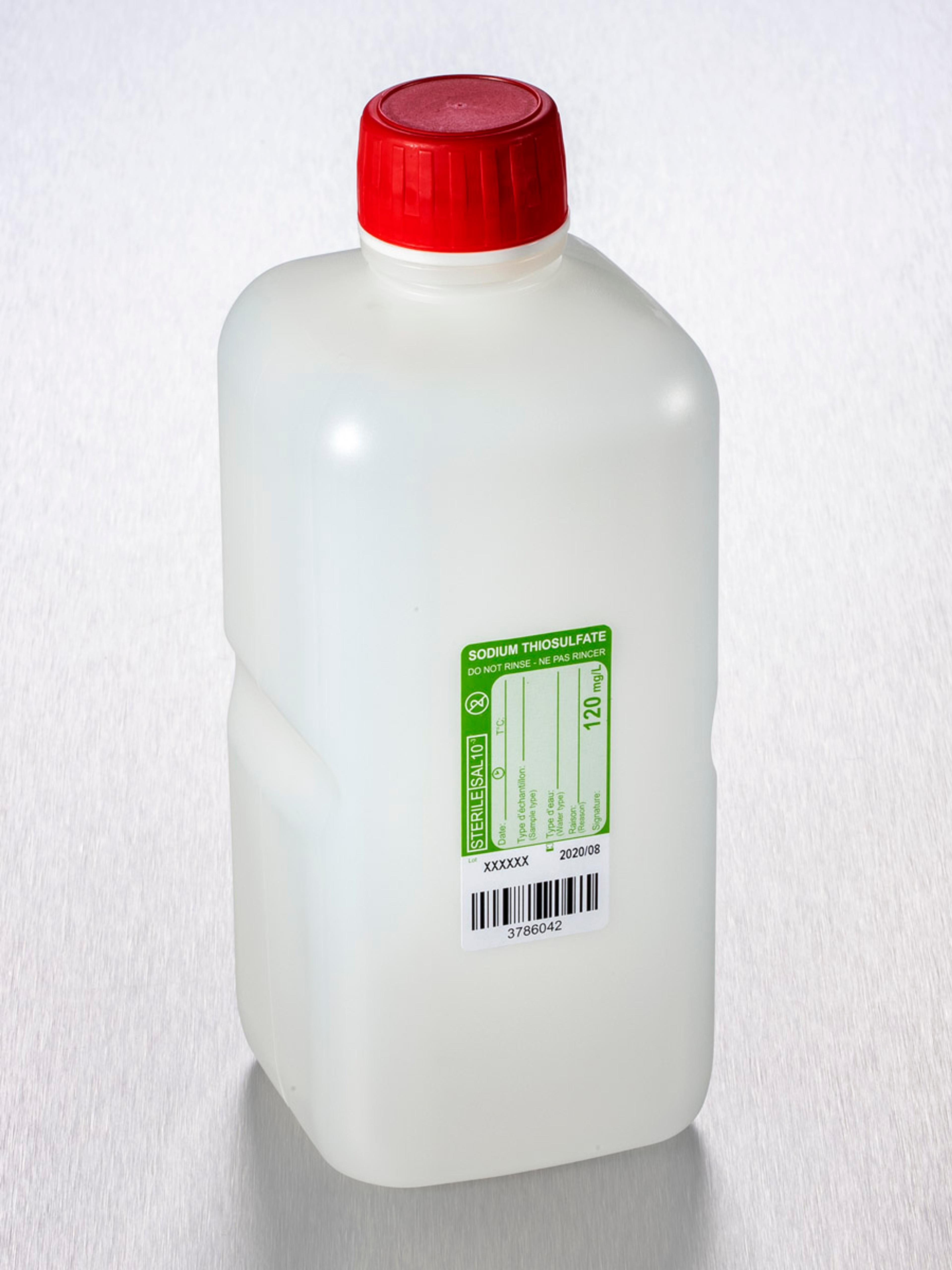 Corning® Gosselin™ Water Sampling Square HDPE Bottle, 1 L, Graduated, 120 mg/L Sodium Thiosulfate, 28 mm Red Tamper-evident Cap with Shaped Seal, Sterile, 1/Bag, 77/Case - Corning Life Sciences