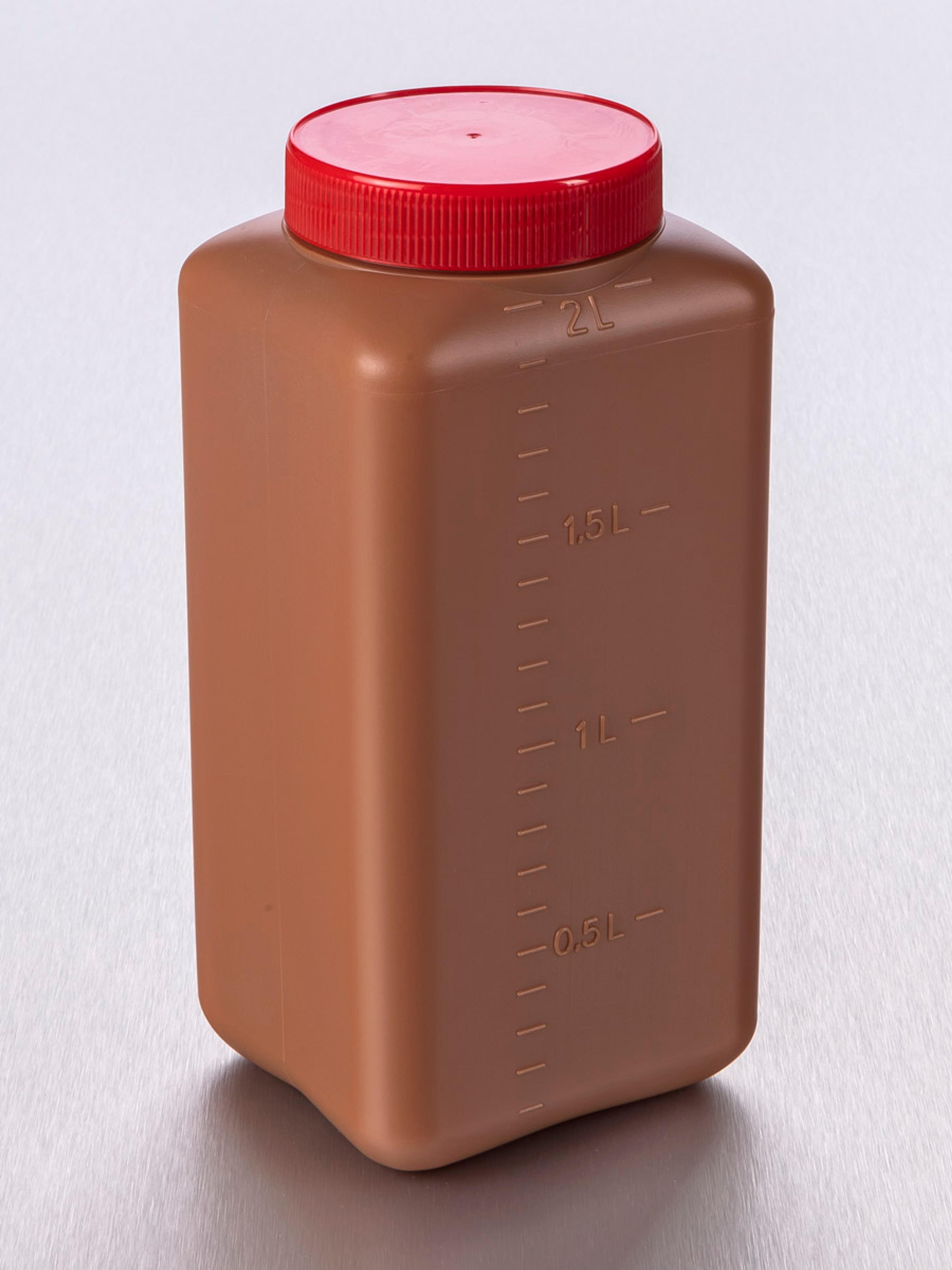 Corning® Gosselin™ Square HDPE Bottle, 2 L, Brown, Graduated, 73 mm Red Cap with Wad, Assembled, 50/Case - Corning Life Sciences