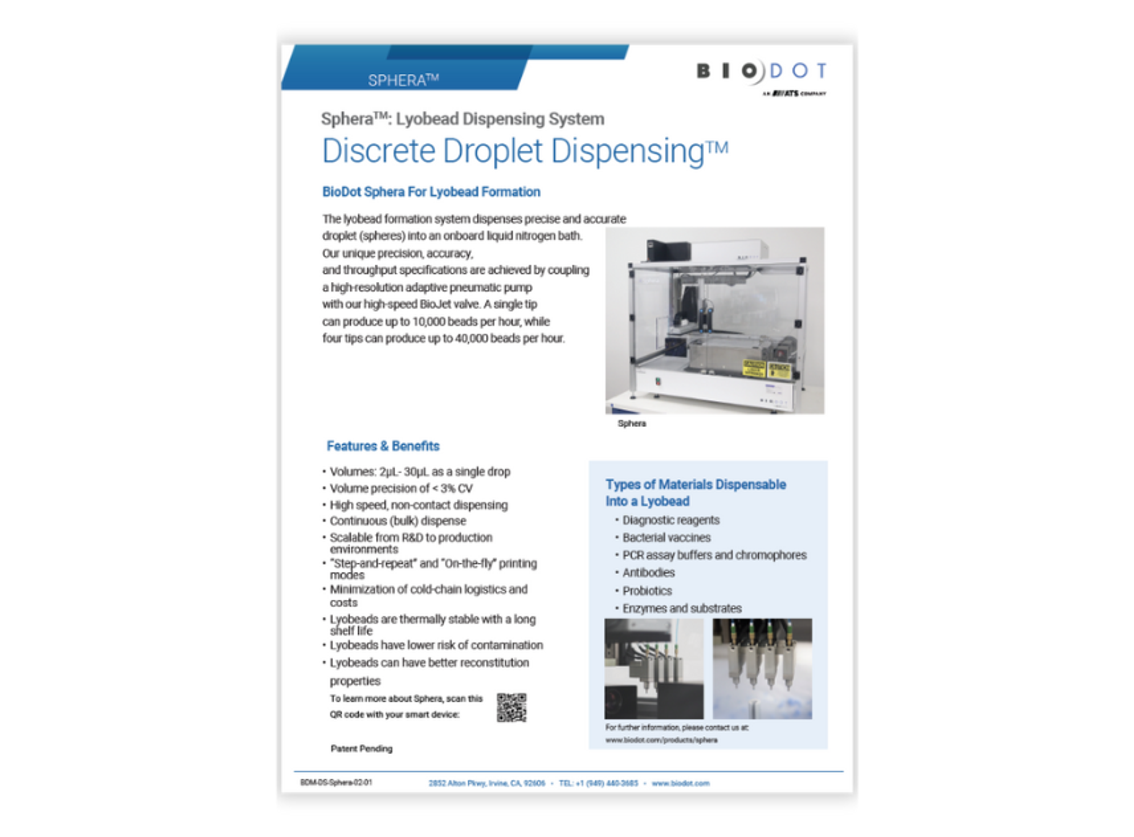 Screenshot of the Sphera™ lyobead dispensing system data sheet