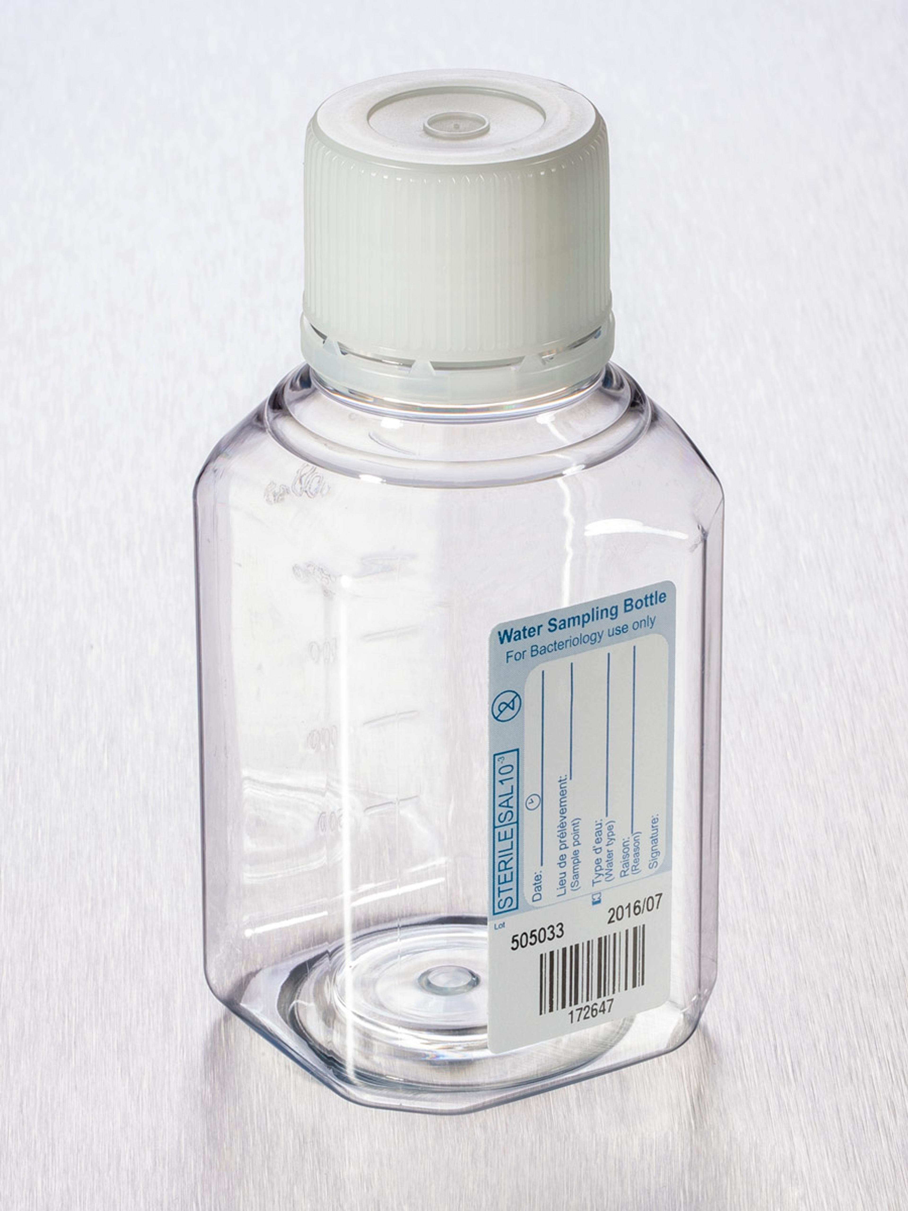 Corning® Gosselin™ Water Sampling Octagonal PET Bottle, 250 mL, Graduated, No Sodium Thiosulfate, 31 mm Tamper-evident Cap, Sterile, 12/Pack, 144/Case - Corning Life Sciences